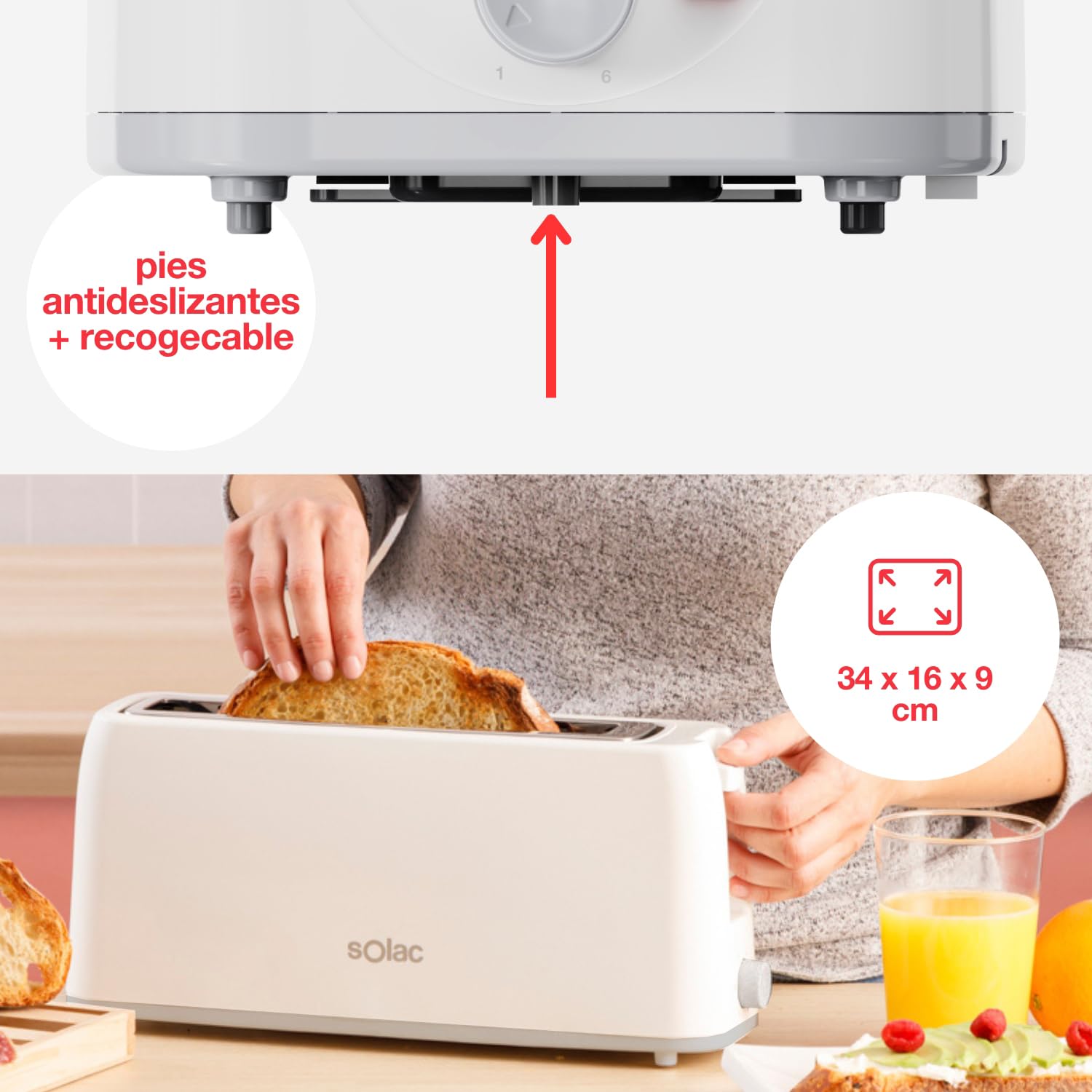 Solac - Tostador 800W, Ranura Larga, 6 Niveles, Autocentrado, Recogemigas