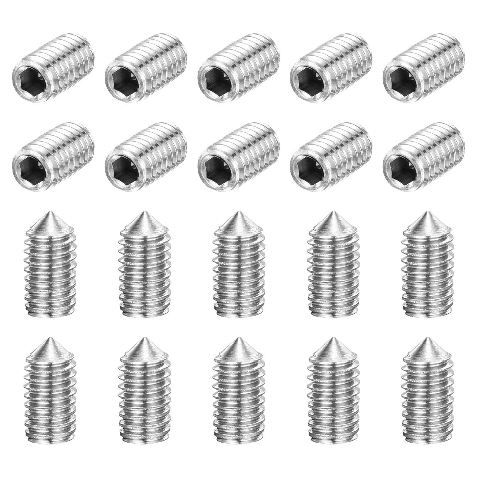 uxcell 40Pcs Set Screws M4x8mm 304 Stainless Steel Cone Point Hex Socket Grub Screws for Machinery, Home Repairs, and Fixtures Silver