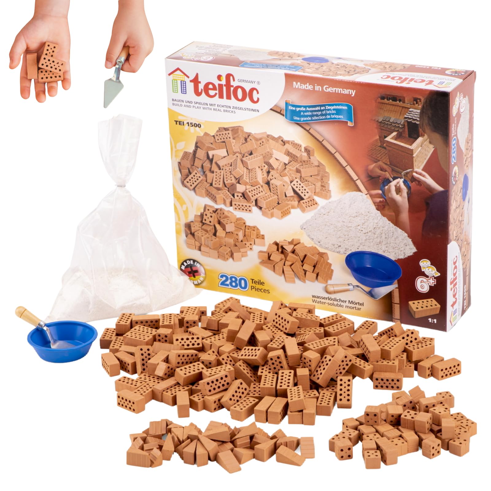 teifoc XXL Bastelset - Steinbaukasten 1500 mit 280 Bauteilen, ab 6 Jahren | Bausatz mit echten Mini Ziegelsteinen und wasserlöslichem Mörtel, Geschenk für Mädchen & Jungen zum Geburtstag & Weihnachten