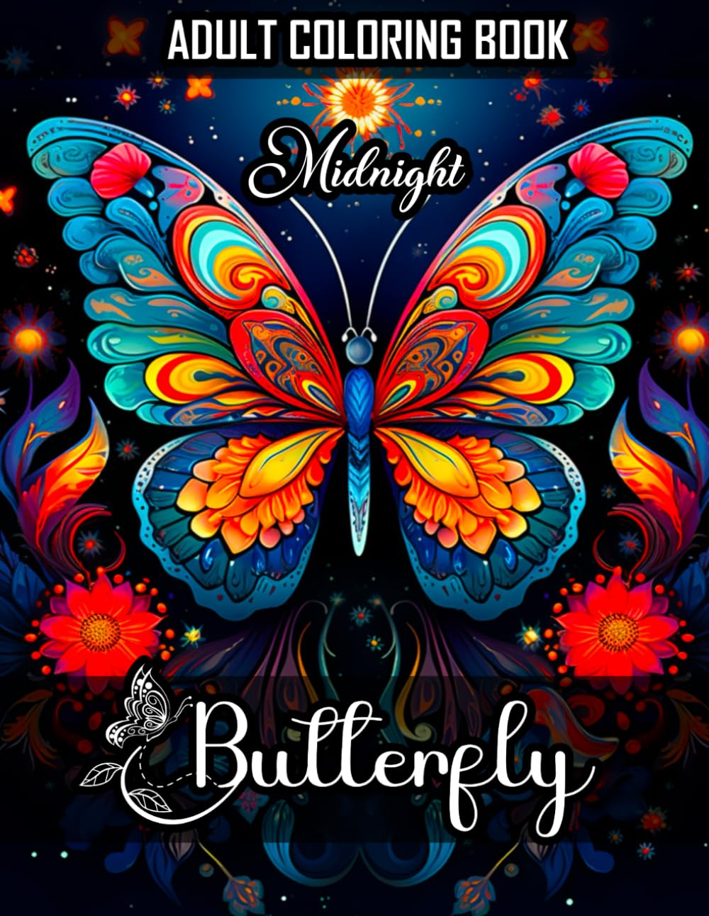 Midnight Butterfly Coloring Book for Adults: 100 Relaxing and Beautiful Butterfly Illustrations on Black Background, Midnight Coloring Book for Stress Relief and Relaxation (Adult Coloring Book).