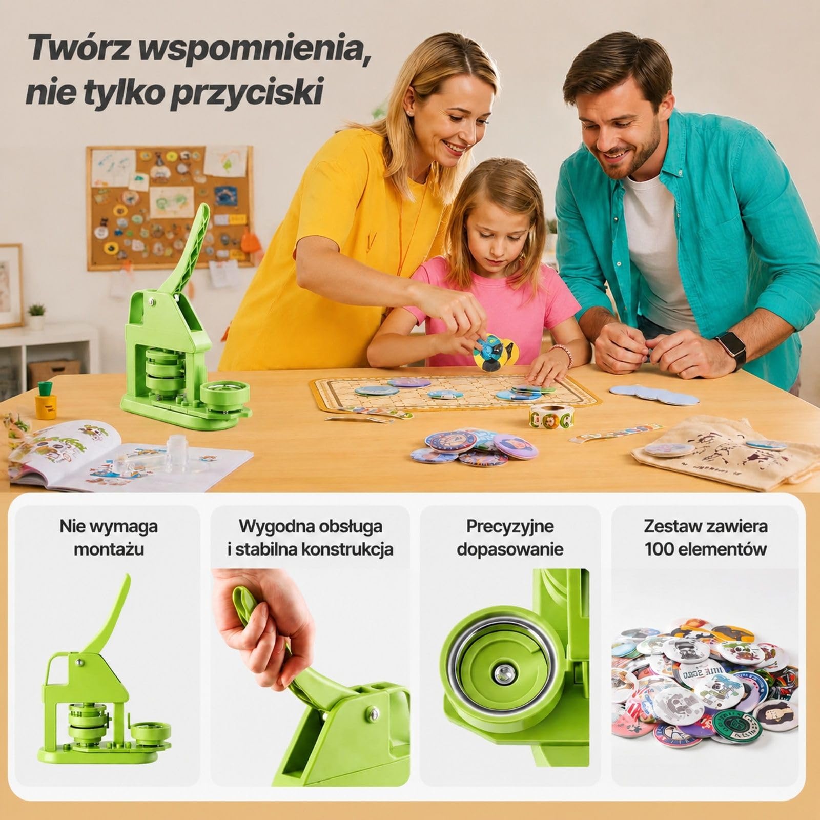 Maszyna do przypinek ze 100 elementami guzików, zielony zestaw ABS+PP do projektów DIY i personalizowanych wzorów