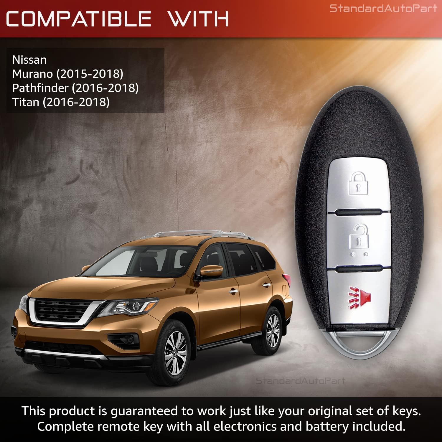 StandardAutoPart 3 Button Proximity Smart Key Fob Compatible with Nissan Titan Pathfinder Murano 2015 2016 2017 2018 KR5S180144014 S180144304 (433 MHz)