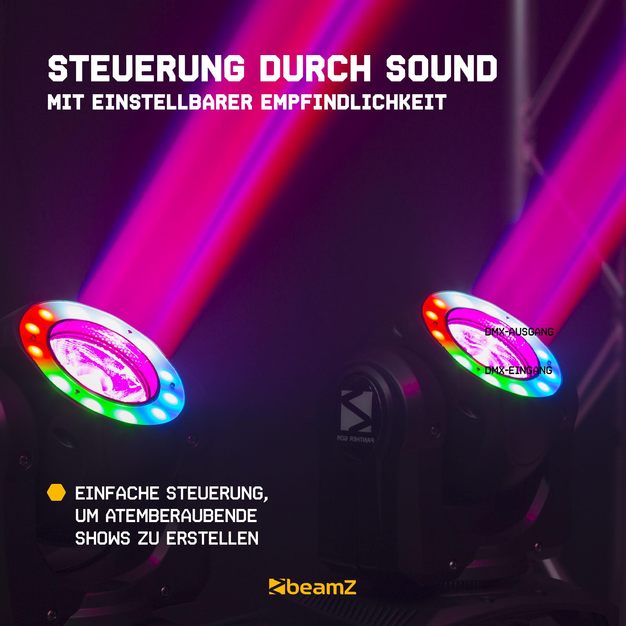 BeamZ Panther 60R Moving Head LED mit LED-Ring, 60 Watt, Bühnenlicht, Bühnenbeleuchtung, DMX Licht, Lichtanlage Musikgesteuert, Disco Licht, Bühnenscheinwerfer, DJ Lichtanlage - Schwarz