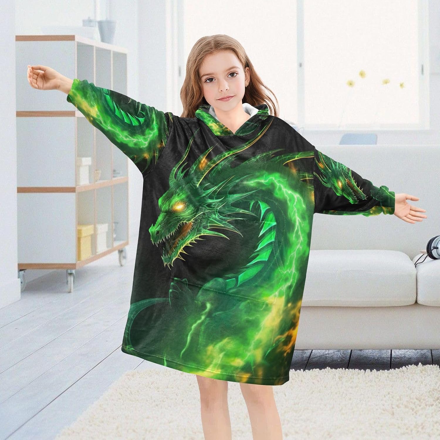 Dragon Wearable Blanket Hoodie for Kids, 3-14 YR Girl Boy Sherpa Blanket Sweatshirt With Pocket