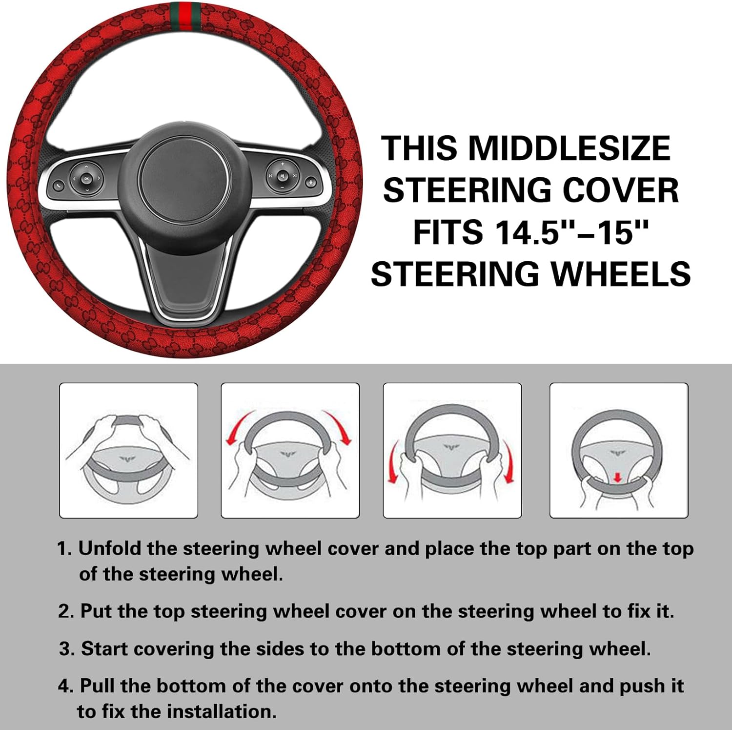 5PCS Steering Wheel Cover, with 2 Headrests, 2 Seat Belt Covers - Universal Fit for 14.5-15" Steering Wheel, Enhances Driving Experience - Perfect for Women (Red)