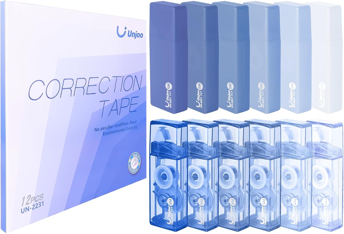 Mini White Correction Tape Set (12pack, 5M/196" x 0.2", Blue) | Aesthetic Cute Correction Tape, Easy To Use, For school, Office Workers