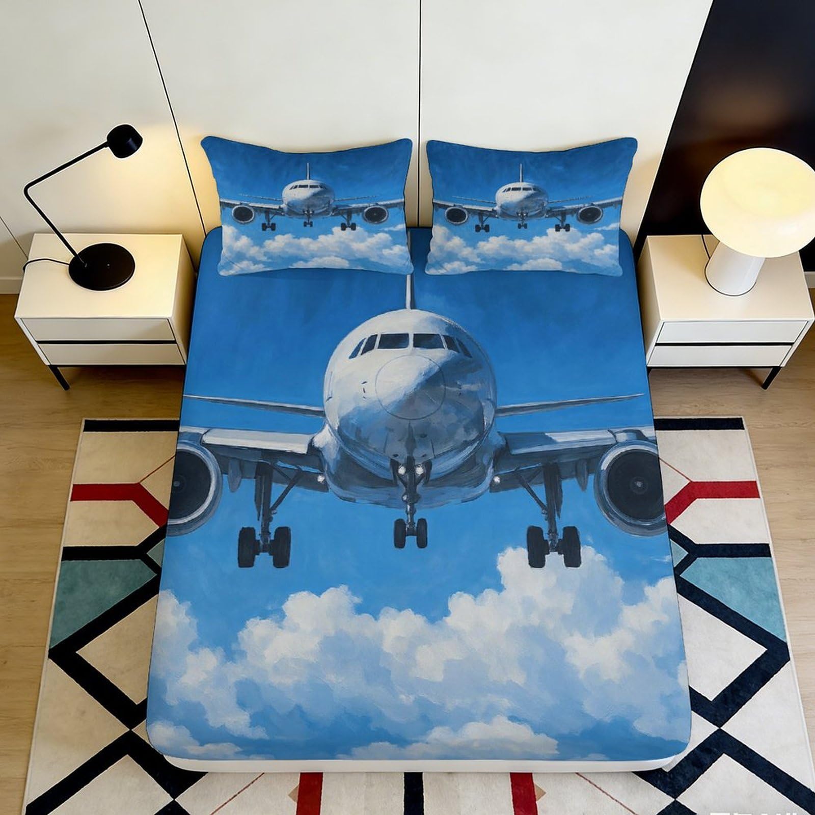 3D Printed Airplane Sky Fitted Sheet Microfiber Soft Blue Clouds Mattress Cover Anti-Slip Machine Washable for Bedroom Guest Room 90x200x25cm