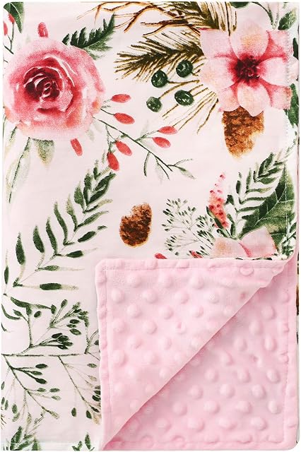 beeweed Baby Blanket for Baby Boys Girls, Soft Plush Baby Blanket with Dotted Backing, Flower Double Layer Toddler Receiving Blanket Throw for Stroller & Crib, 75 x 100 CM, Pink