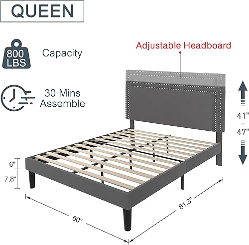 Miniatura 208 de VECELO Base de cama de tamaño matrimonial con cabecera tapizada ajustable, plataforma de listones de madera, diseño sin ruido, fácil montaje Negro