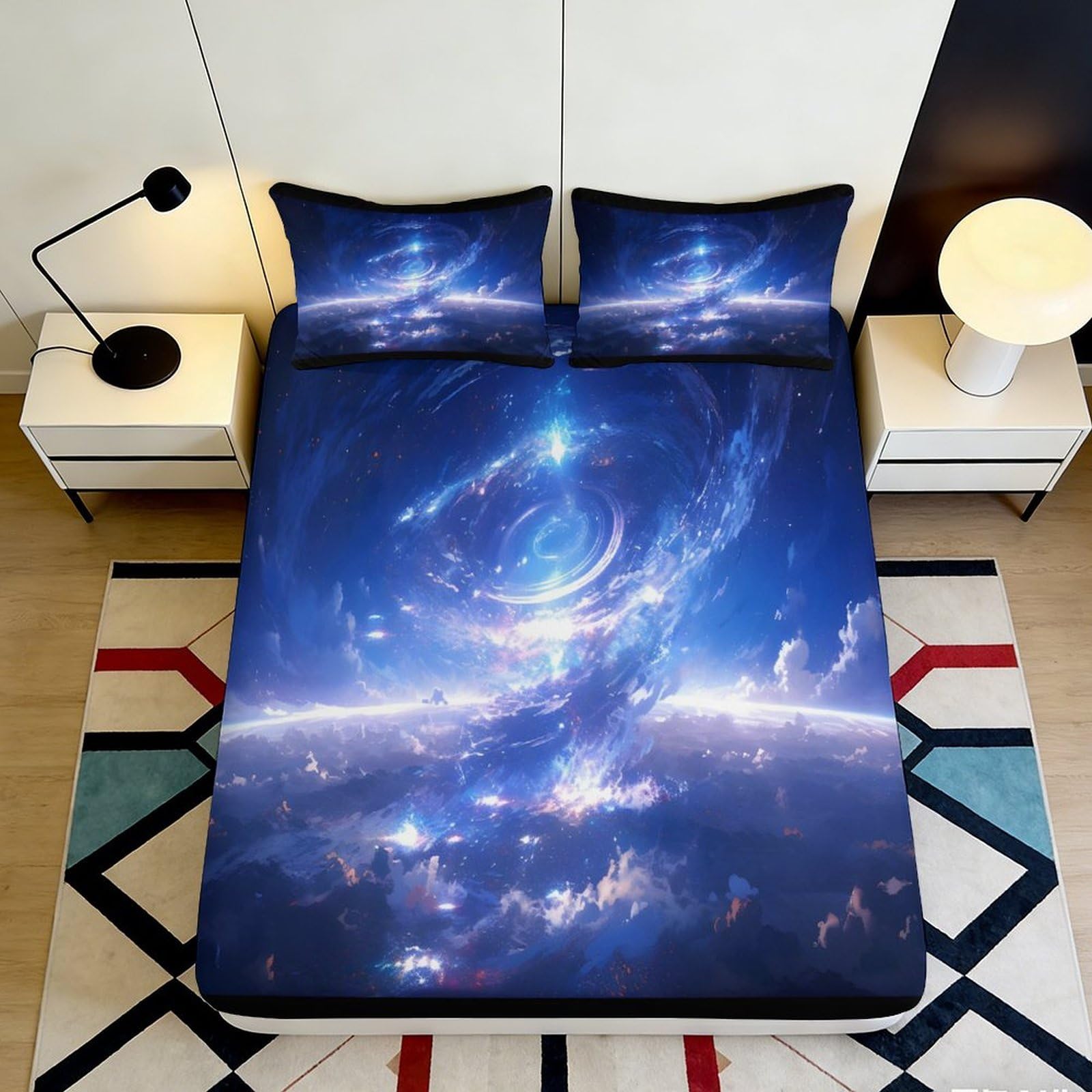 3D Printed Galaxy Starry Sky Fitted Sheet Microfiber Mattress Cover Cosmic Nebula Design Bedroom Decor Easy Care 90x200x25cm