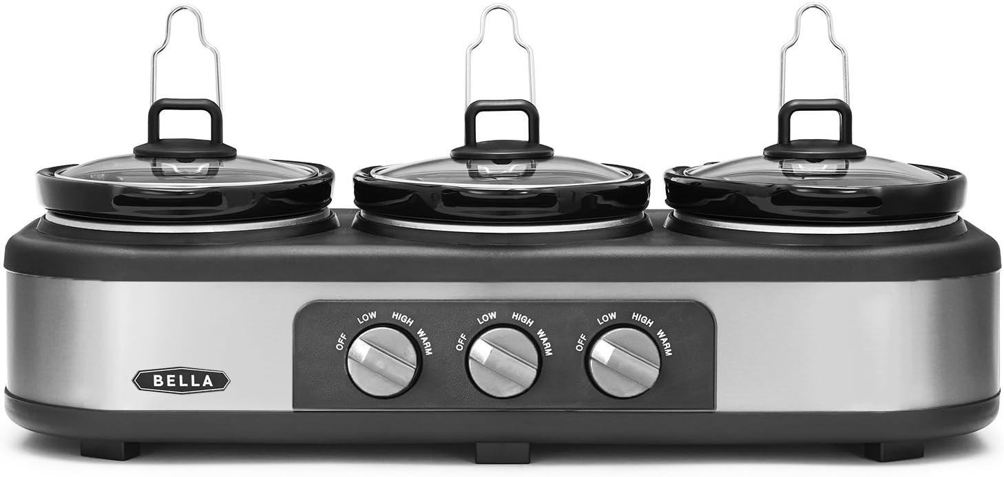 BELLA Triple Slow Cooker and Buffet Server, 3 x1.5 QT Manual Stainless Steel