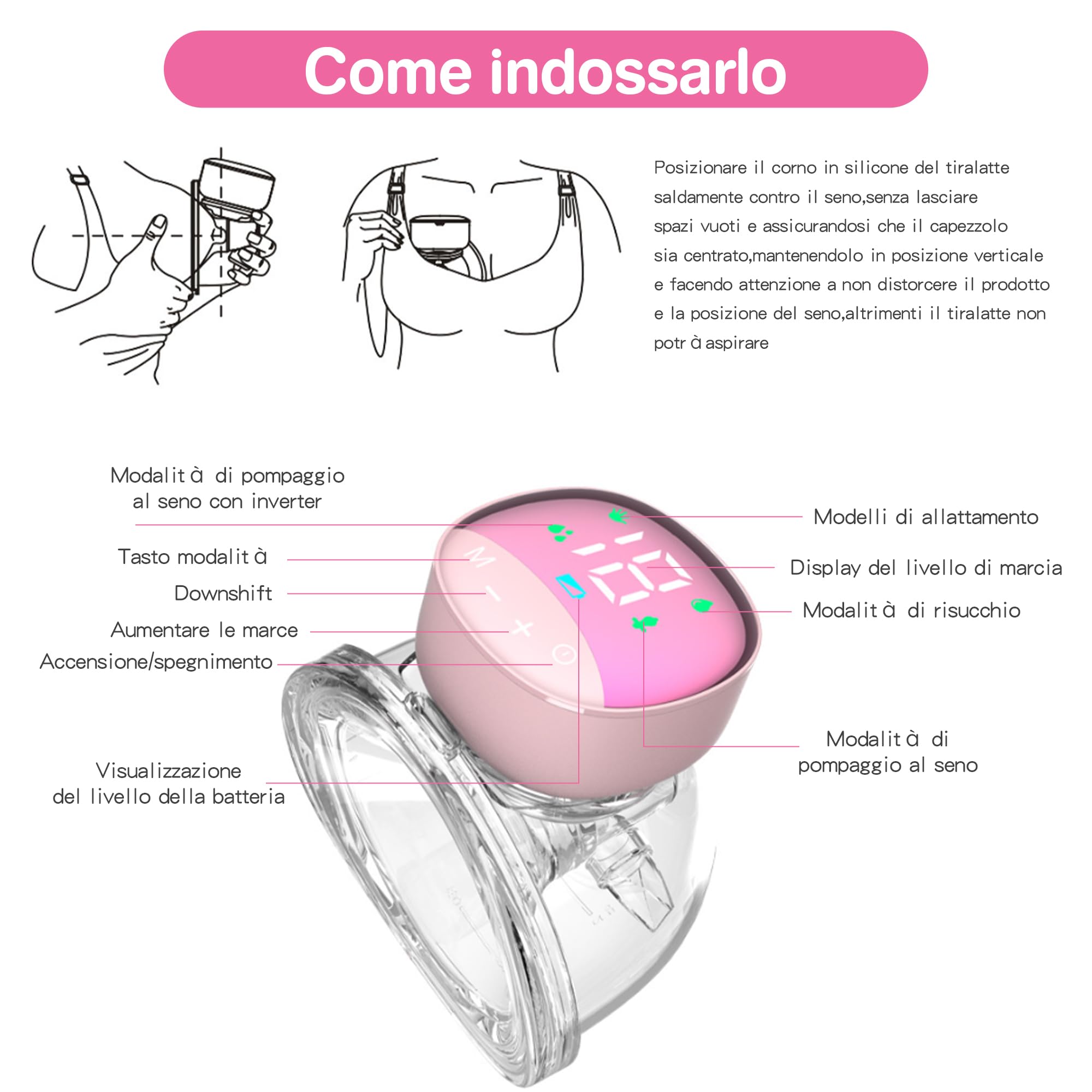 Tiralatte Elettrico Indossabile Portatile ，4 Modalità e 12 Livelli，Tiralatte Neonati Elettrico con Display LCD, Silenzioso Indolore,10 Sacchetti per la Conservazione del Latte Gratuiti (rosa(2pcs))