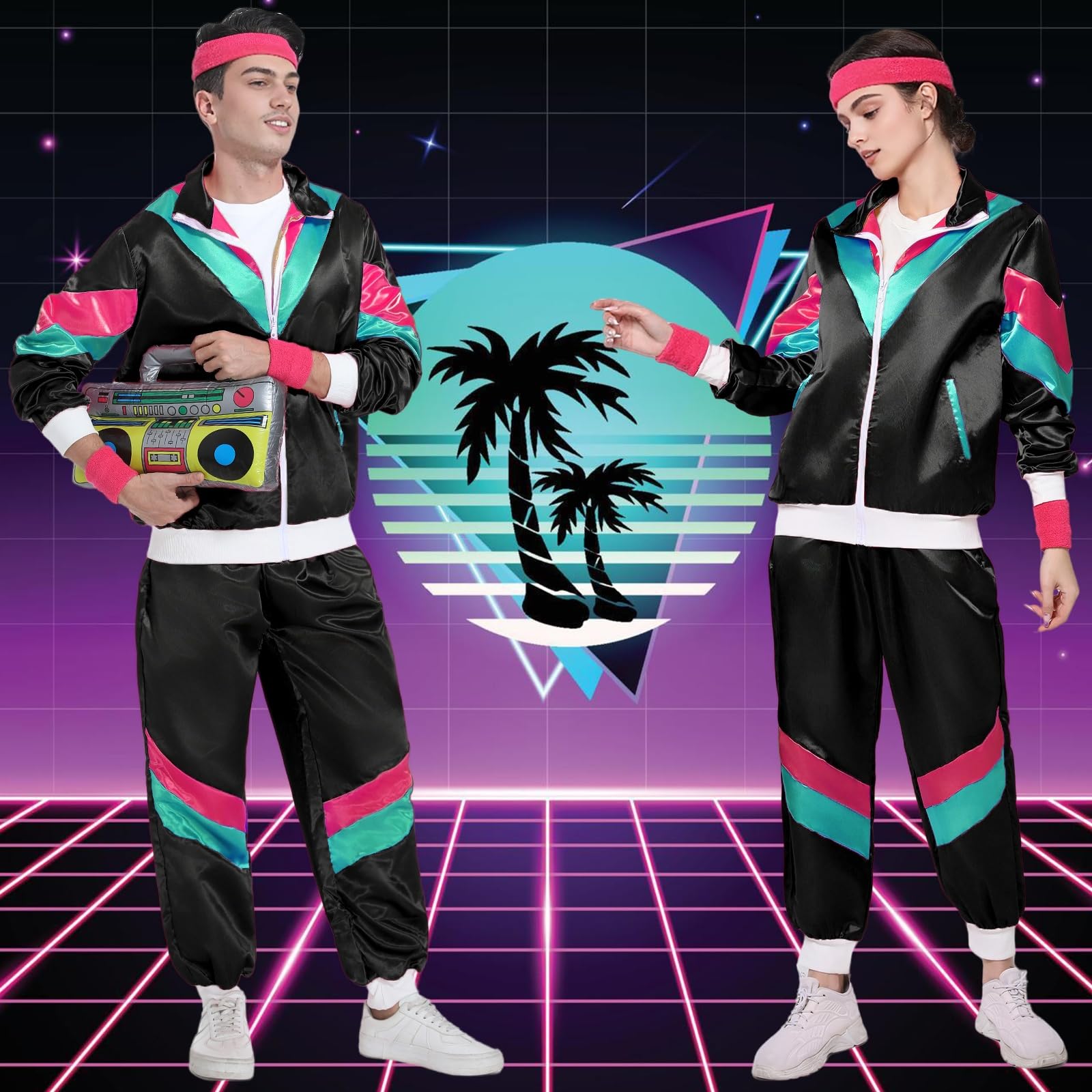 Fover Disfraz de los años 80 para hombre y mujer, traje de entrenamiento, estilo pop, retro, accesorios para disfraz, con radio inflable, gafas de sol, collar y banda para el sudor para fiestas