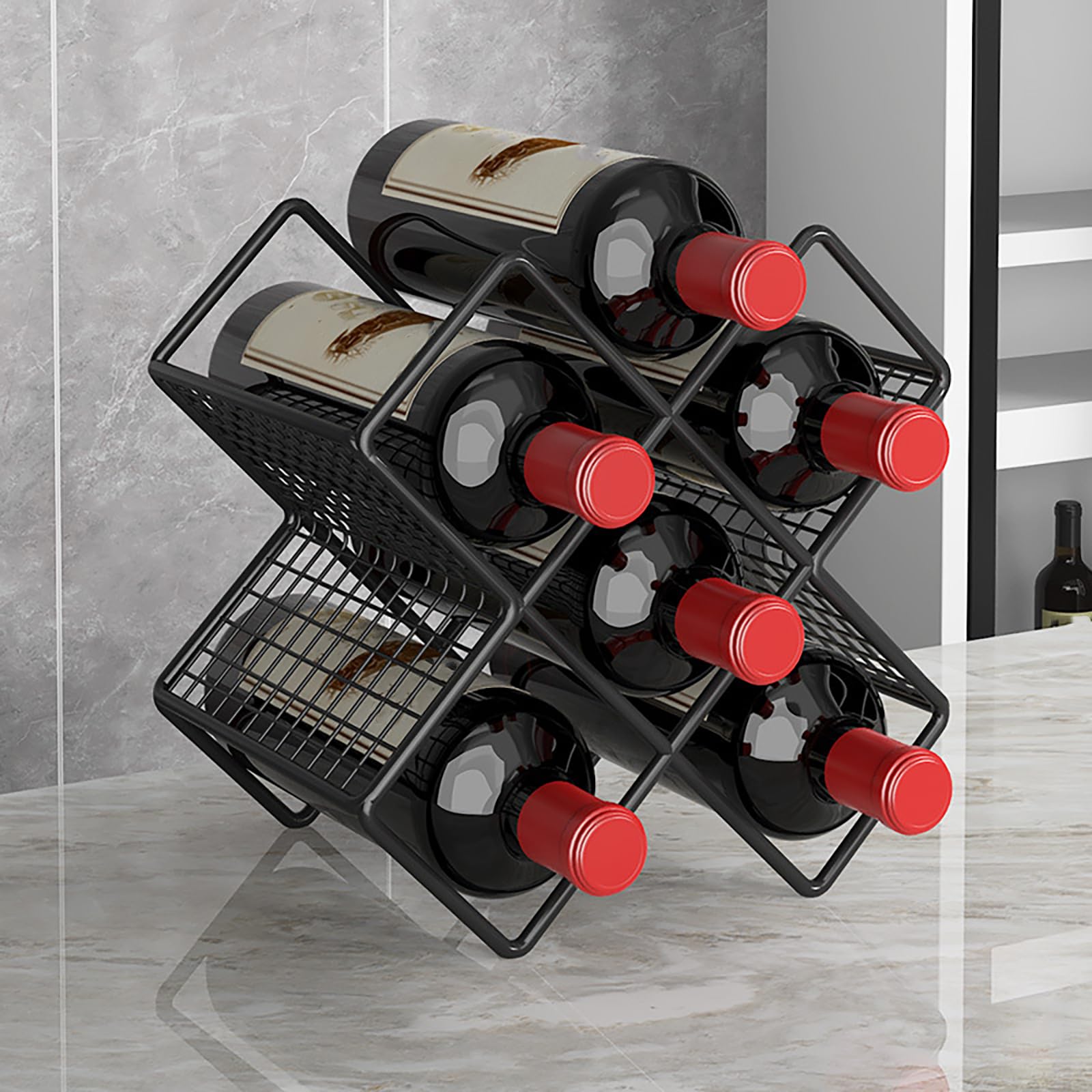 Lot de 2 supports décoratifs élégants en forme de losange en métal pour 5 bouteilles – Présentoir autonome pour la maison, la cuisine, le bar ou la cave – Couleur argentée