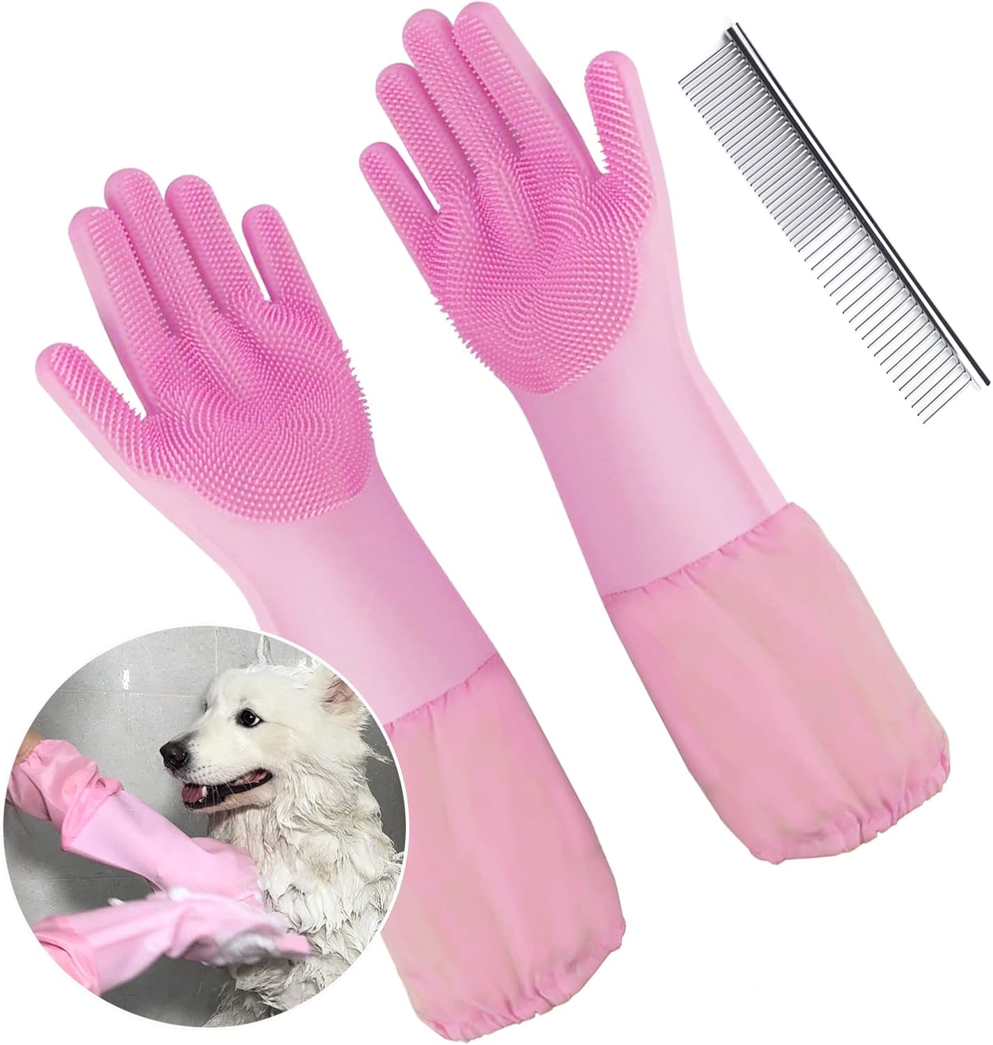 MeetUhome Dog Washing Gloves with Steel Comb, Pet Grooming