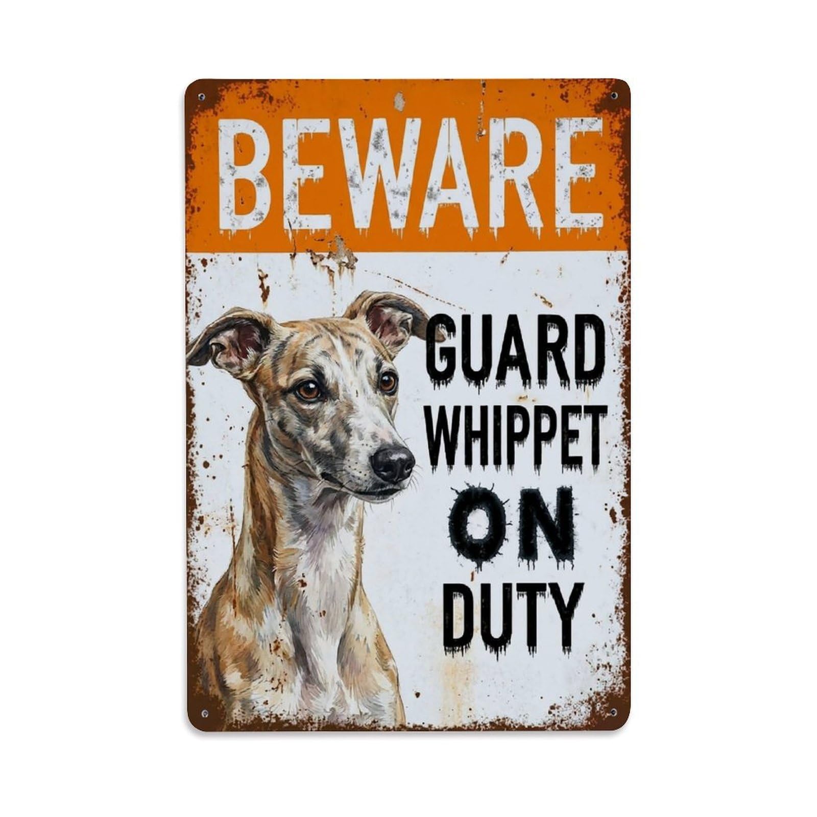 Vintage Funny Whippet Guard Beware of Dog Stairway Metal Tin Sign Plaque Wall Decor for Cafe, Club Bar, Office, Garden Metal Poster 8x12Inch