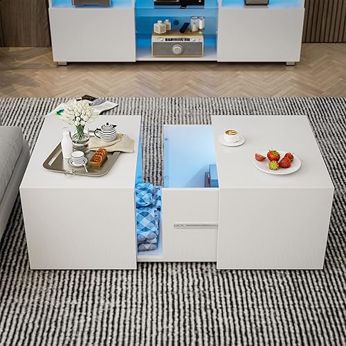 Miniatura 7 de IKIFLY Moderna mesa de centro LED pequeña con compartimento oculto retráctil, mesa de centro blanca de tamaño pequeño alto brillante con luces LED
