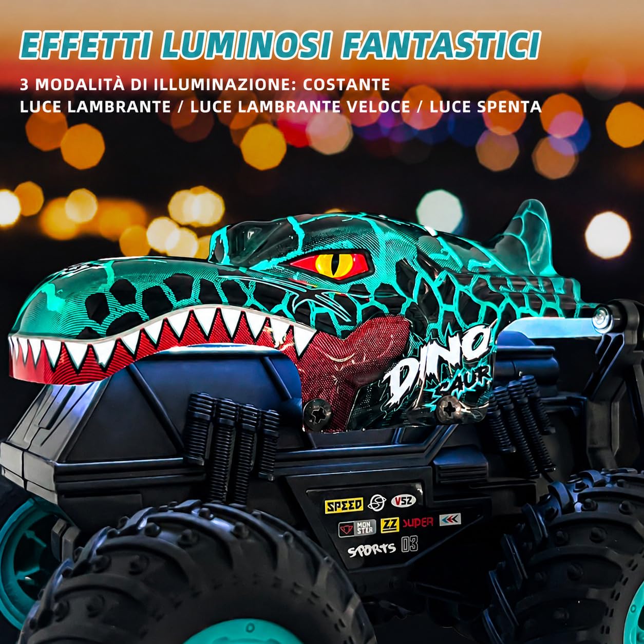 Macchina Telecomandata, 2.4GHZ Monster Truck Telecomandato, Macchina Telecomandata per Bambini con Luce LED, Musica, Camion Telecomandato Drift 360° Rotazione, Regalo Bambina Bambino 4 5 6 7 8 9 anni