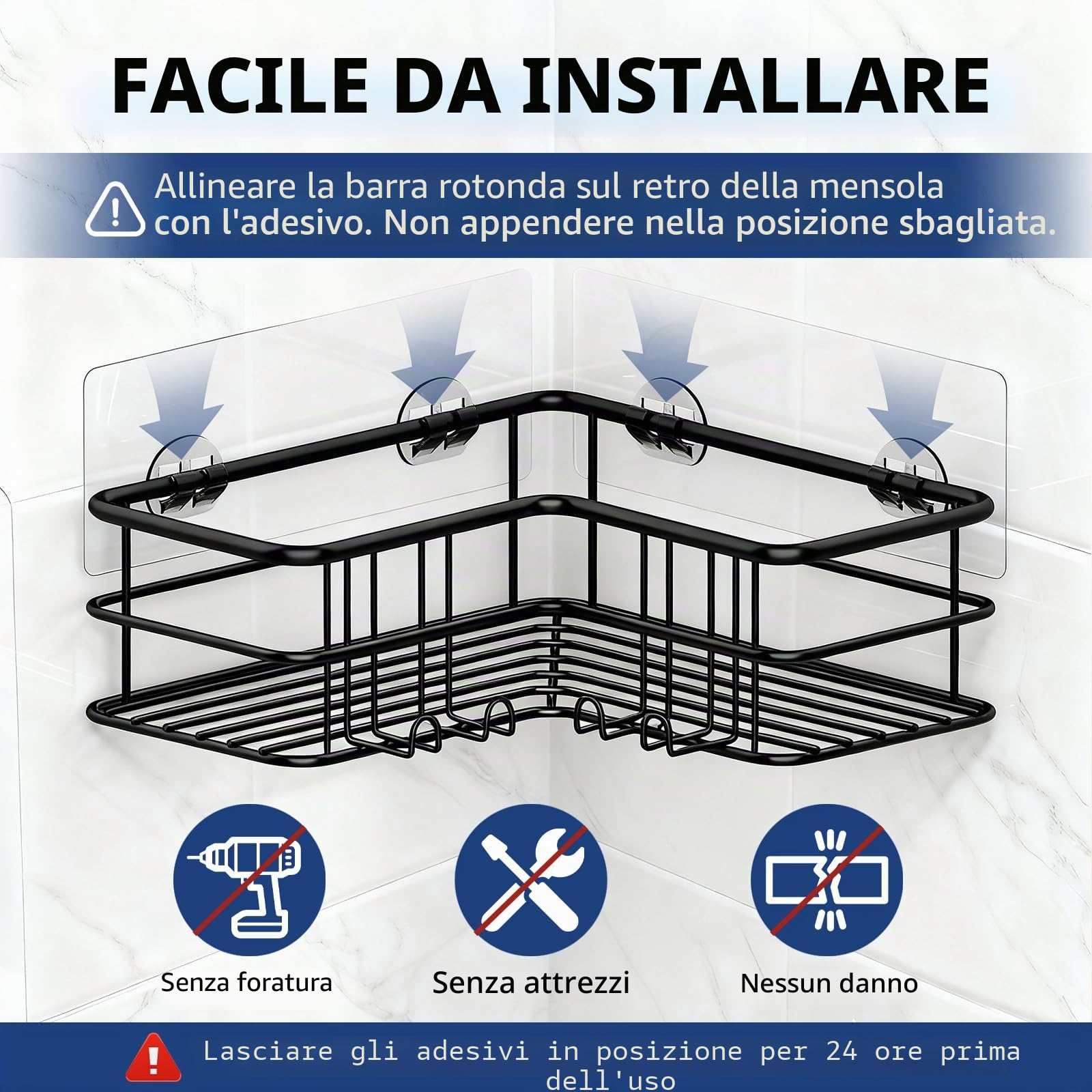 Menbyci Confezione da 2 mensole angolari per doccia, mensole adesive da bagno con ganci, in acciaio inossidabile 304, resistenti alla ruggine, organizer per accessori da bagno, scaffale per shampoo,