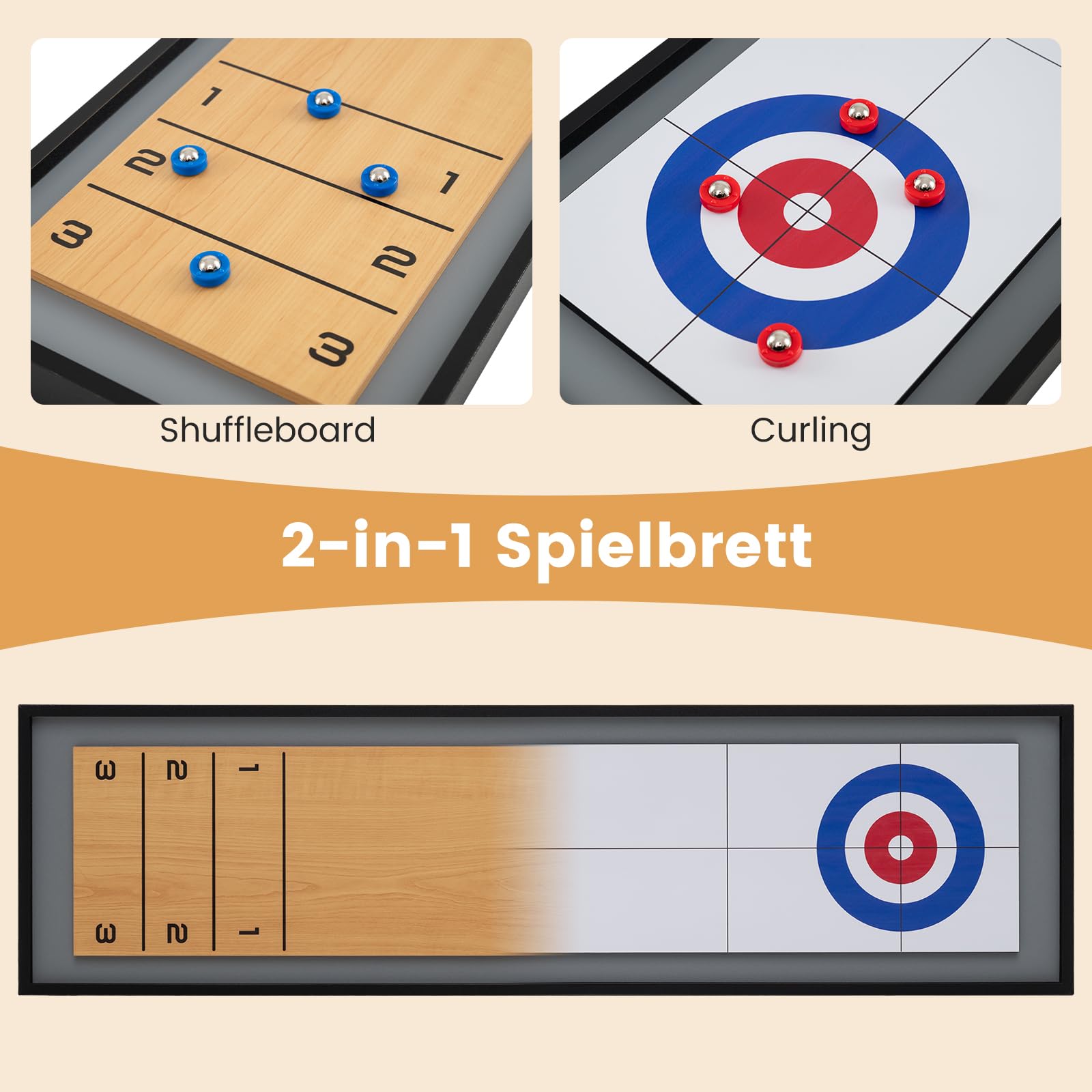GOPLUS 2-in-1 Tischspiel Set, Shuffleboard & Curling mit 8 Scheiben & rutschfeste Rillen, tragbare Brettspiele Holz für Erwachsene & Kinder, 114 x 32 x 4 cm