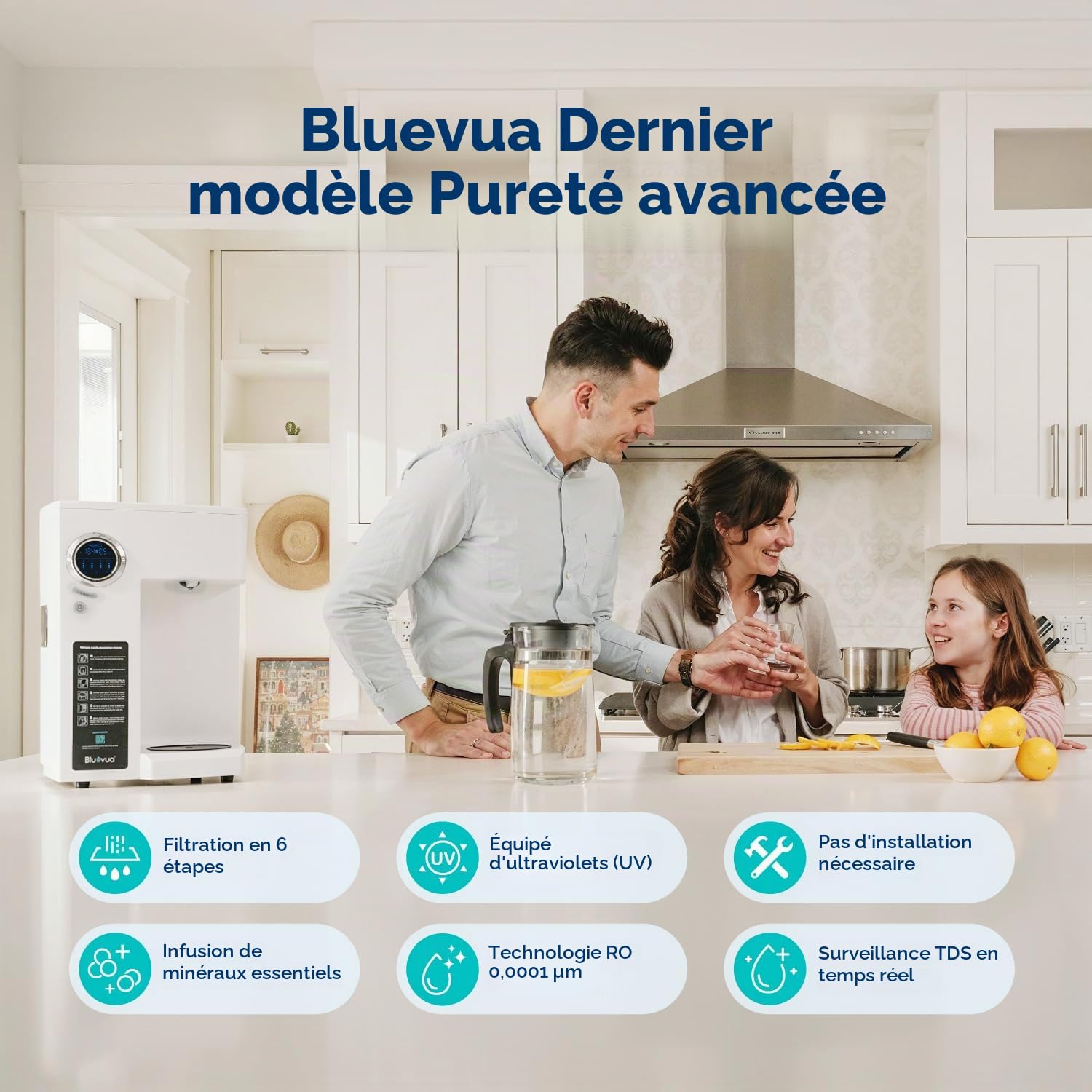 Bluevua RO100ROPOT-UV Filtre à eau pour comptoir d'osmose inverse – Purification en 6 étapes avec UV et remodelage, filtration RO mètre, purificateur d'eau portable