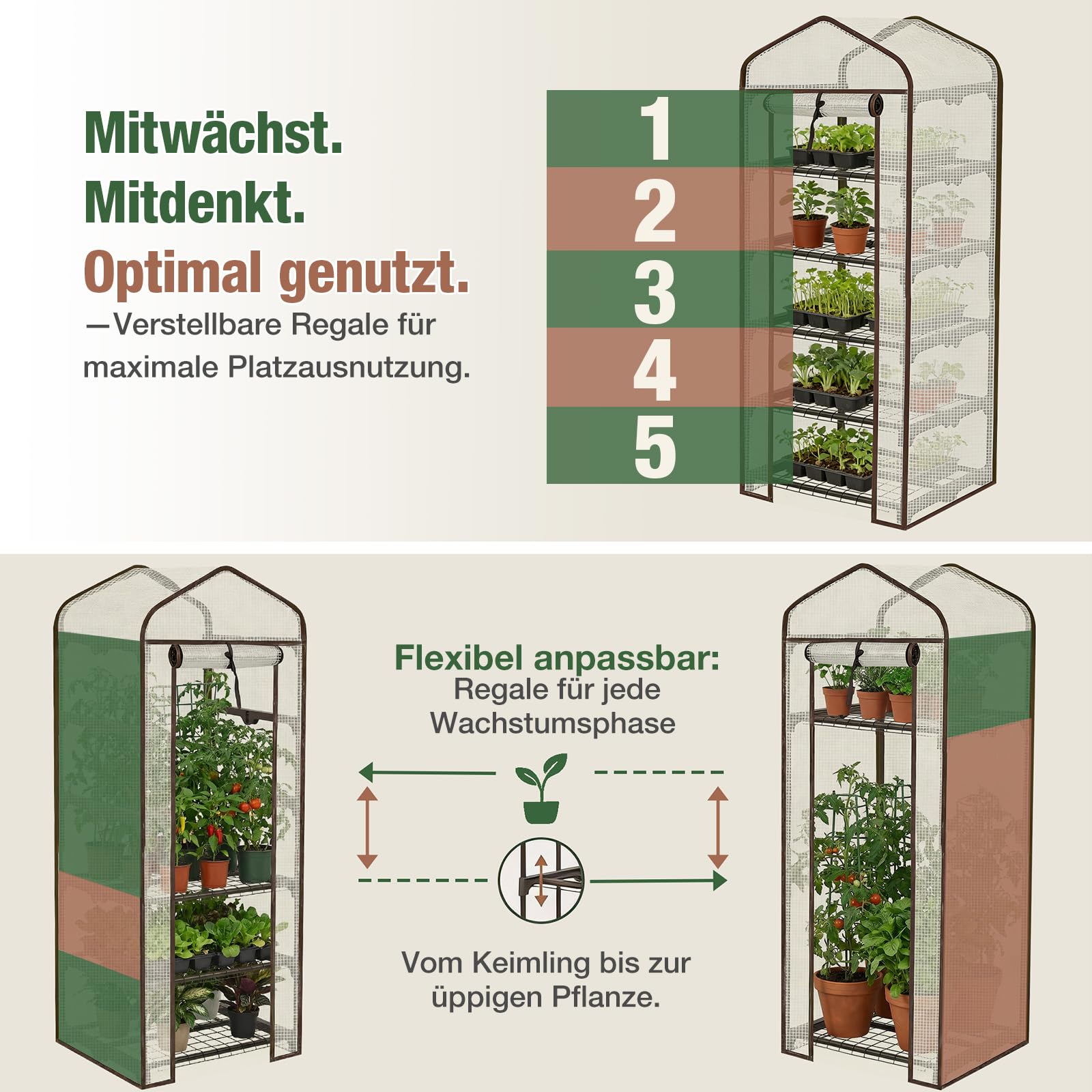 Sekey Mini Tomatengewächshaus 5 Etagen, Foliengewächshaus, Gewächshaus klein Balkon Winterfest - für Indoor & Outdoor Tomatenhaus mit herausnehmbaren Ebenen für Flexible Pflanzhöhe