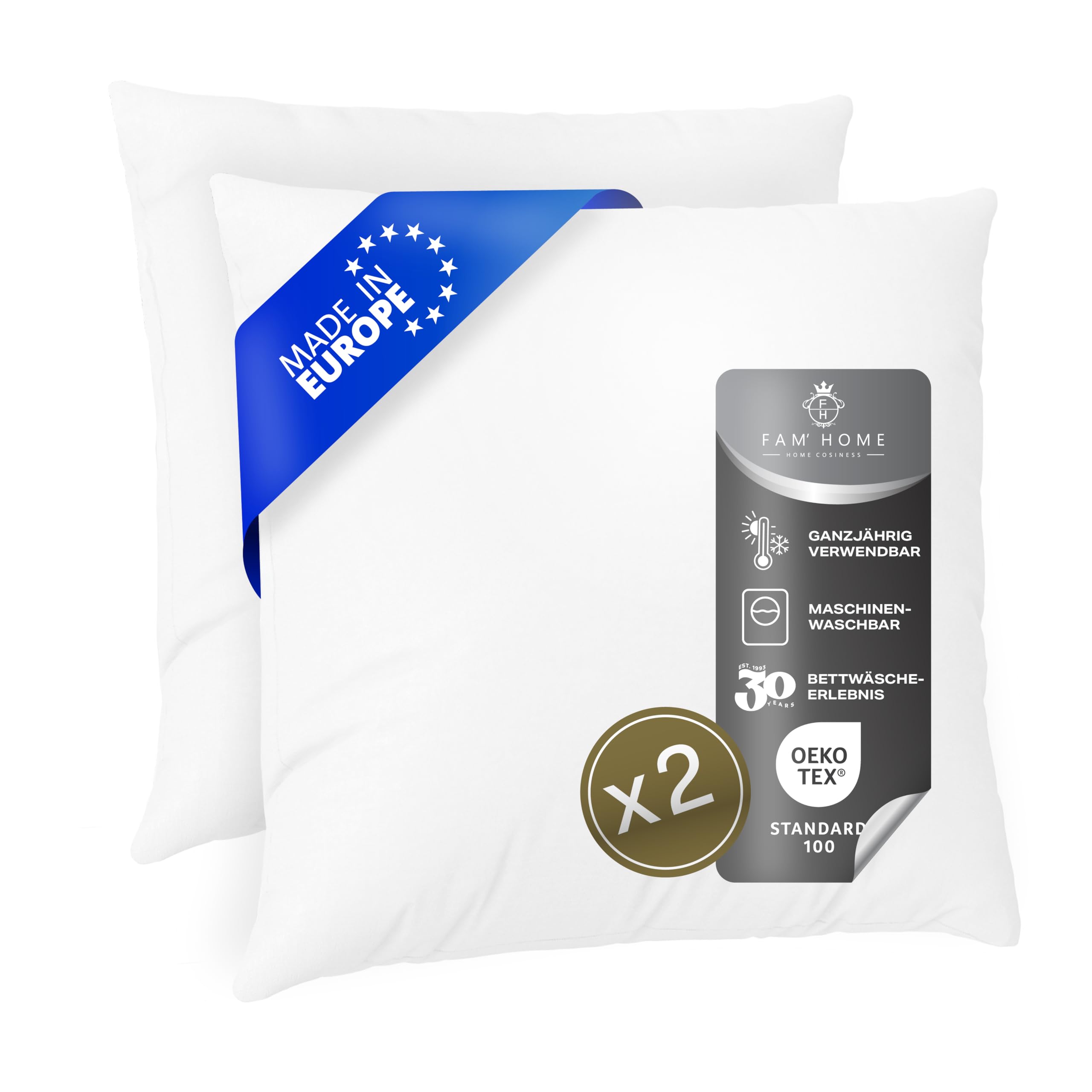 FAM Home Kopfkissen 80x80 2er Set Mikrofaser Allergiker Atmungsaktiv Antibakteriell