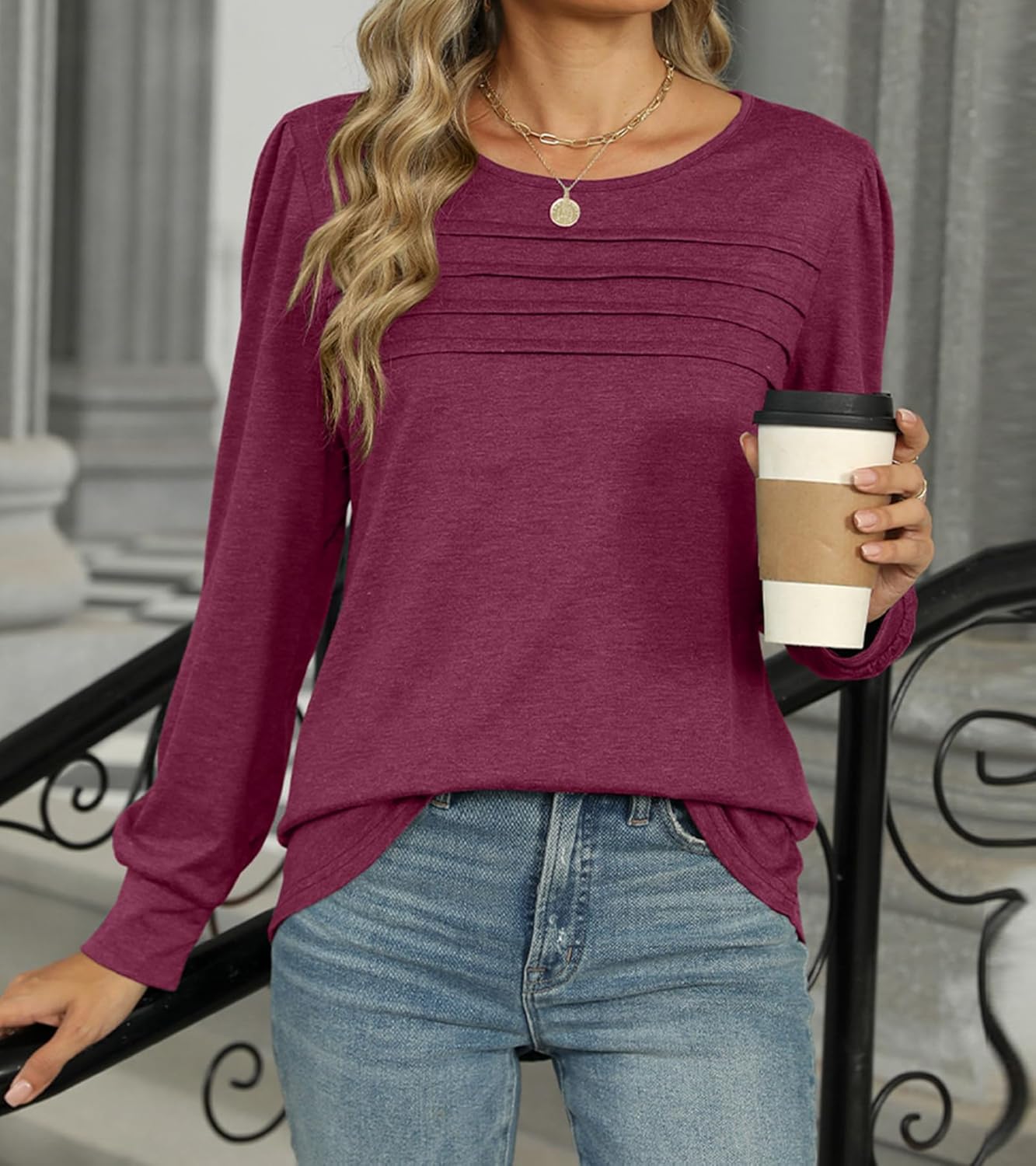 Fashionme 2025 Spring Tops For Women Puff Long Sleeve Pleated Front T Shirts Dressy Casual Basic Tees Tunic - Image 4