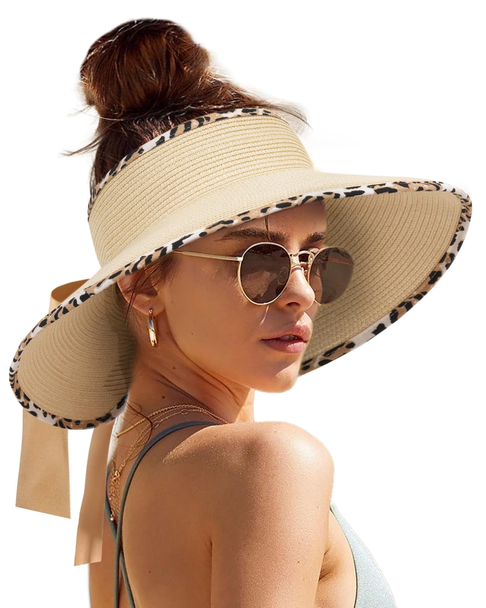 Sun Visors for Women Wide Brim Beach Hat Foldable Straw Visor Hat Ponytail Summer Packable UPF 50+