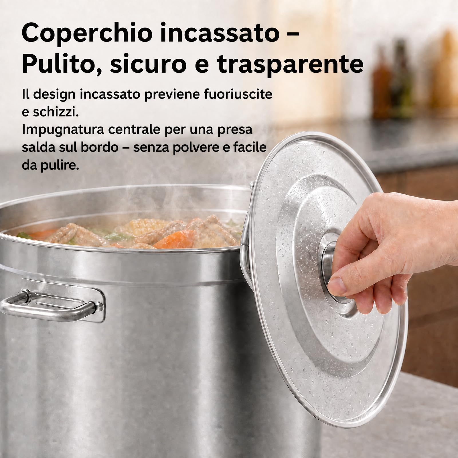 Pentola per zuppa in acciaio inox, 98 l, grande con manici e coperchio per lavandino, Ø 51,5 cm, altezza: 50 cm, in acciaio inox, grande per tutti i piani cottura e le grandi cucine