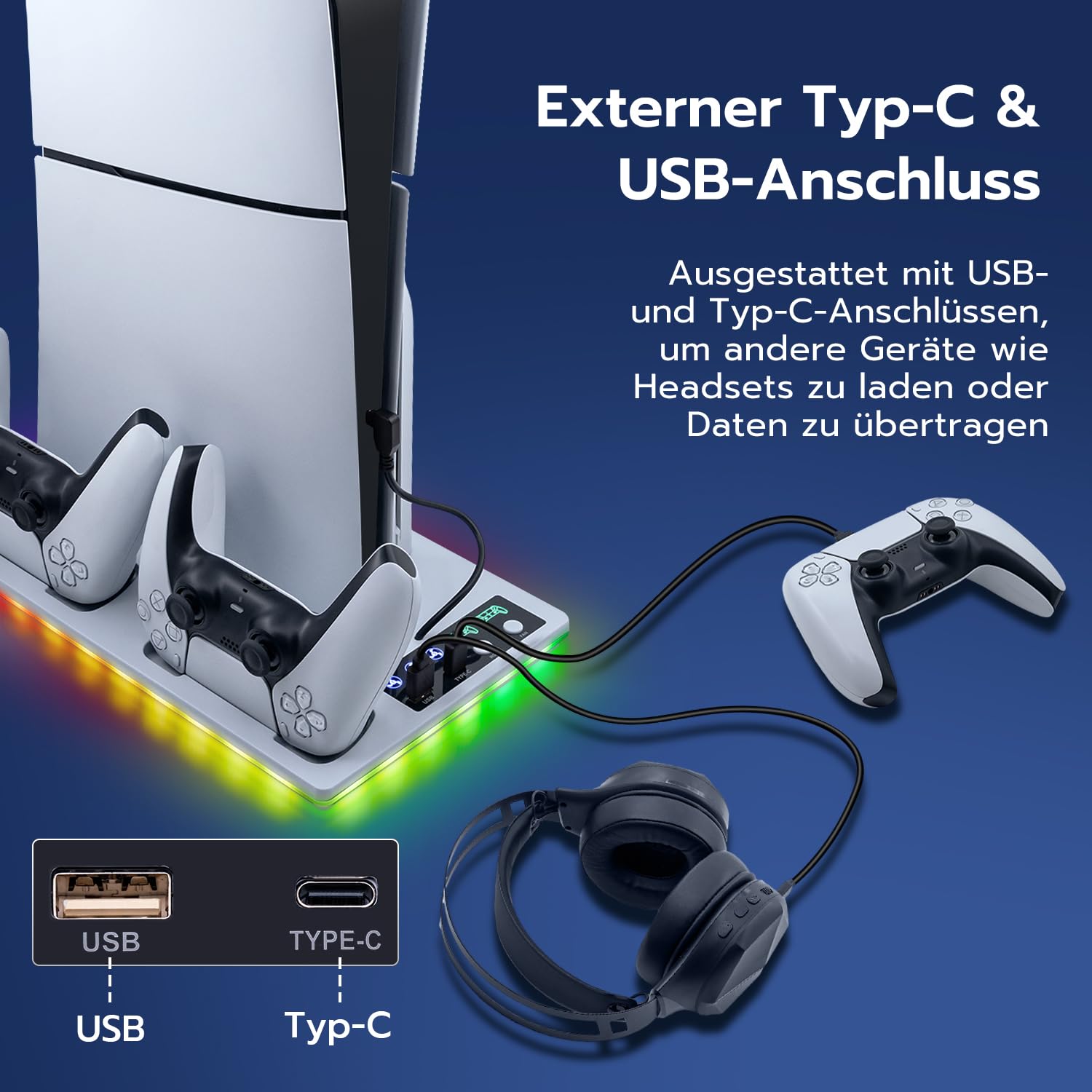 Vertikale Standfuß mit Kühlung für PS5/Pro/Slim, Dual Controller Ladestation Ständer mit 3 Stufen Lüfter/RGB Licht für PlayStation 5 UHD& Digital /PS5 Slim Disc & Digital