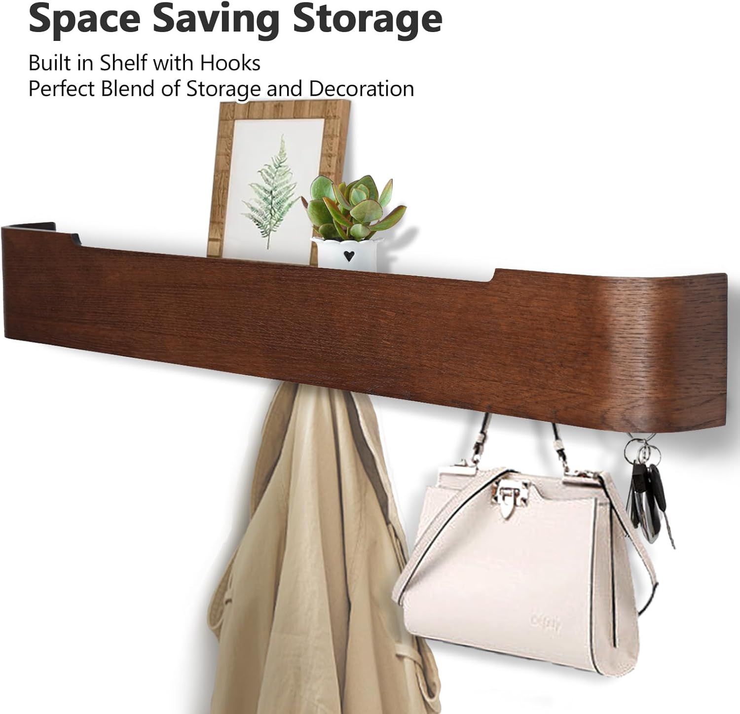 Coat Rack Wall Mount with Shelf 8 Hidden Hooks Modern Wooden Key Holder Entryway Organizer for Hallway Bedroom Bathroom Home Decor Storage for Hanging Coats Hats Bags Towels, Walnut