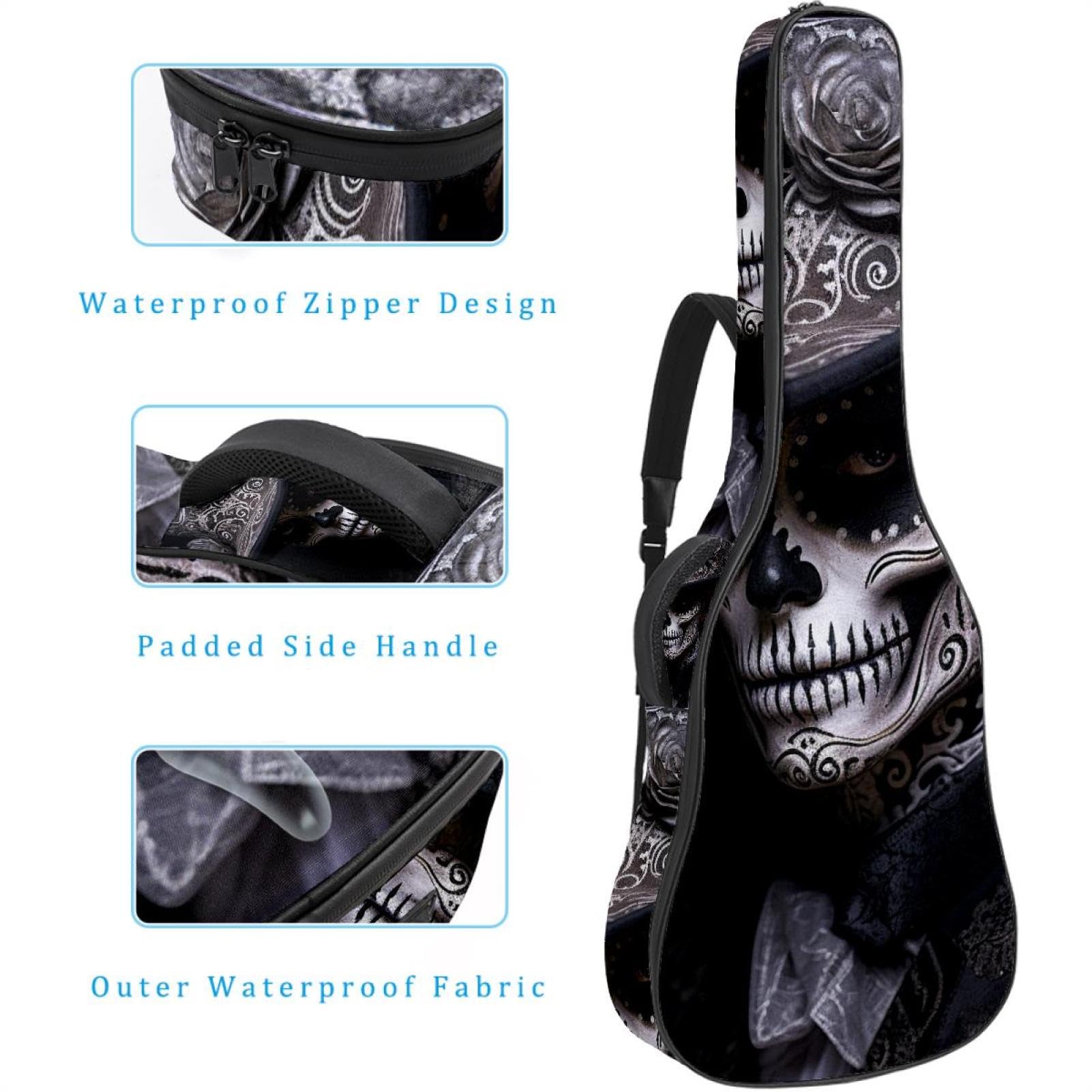 Sac de transport pour guitare basse de 101,6 cm, 104,3 cm, double bandoulière réglable, étui pour guitare acoustique, tissu Oxford imperméable, éponge épaisse, crâne d'Halloween 34, Tête de mort pour