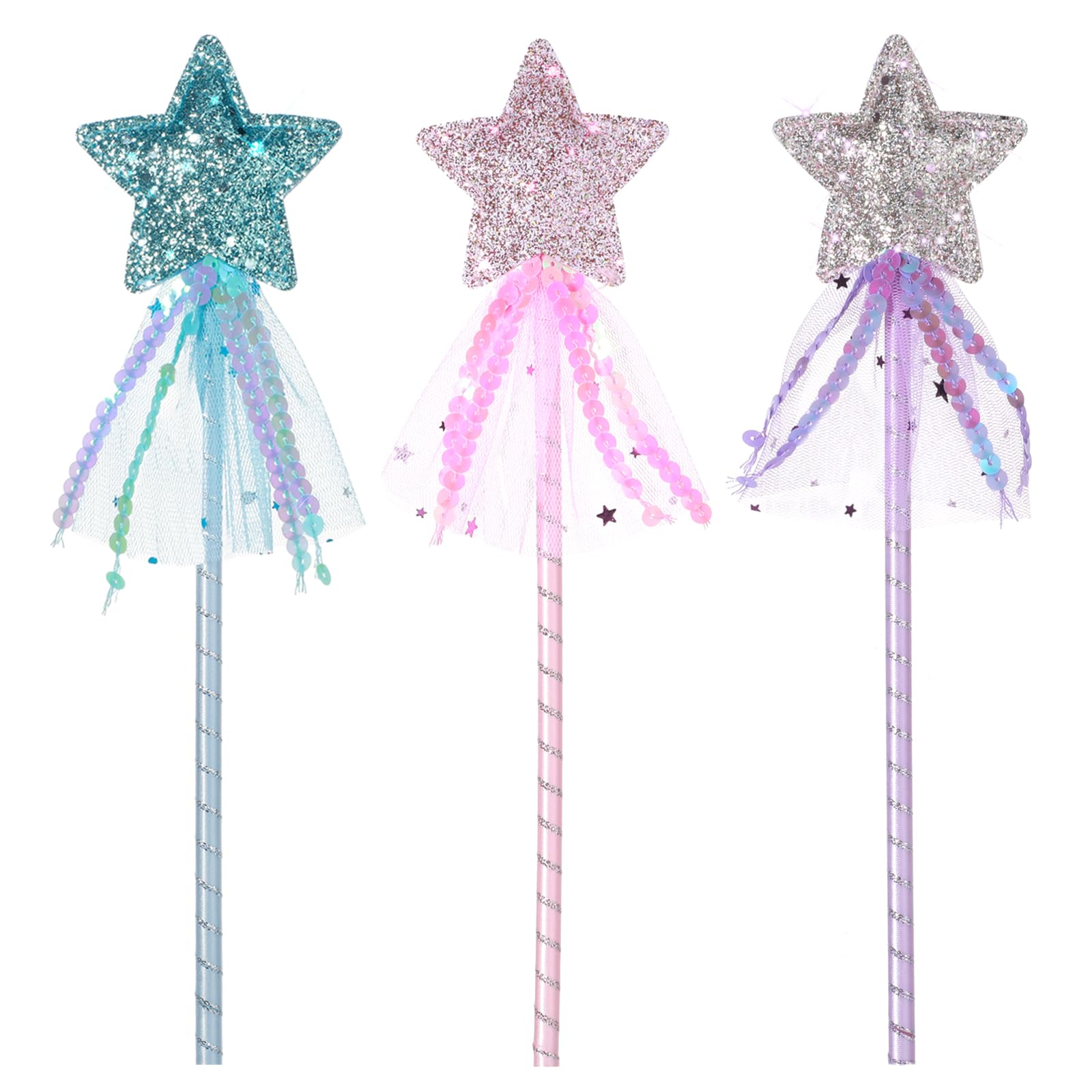 YQQYG 3 Pcs Glitter Star Wands, Princess Wand Kit, Star Fairy Wands, Princess Wands for Girl Costume Role Play Show Cosplay Birthday Party Favor
