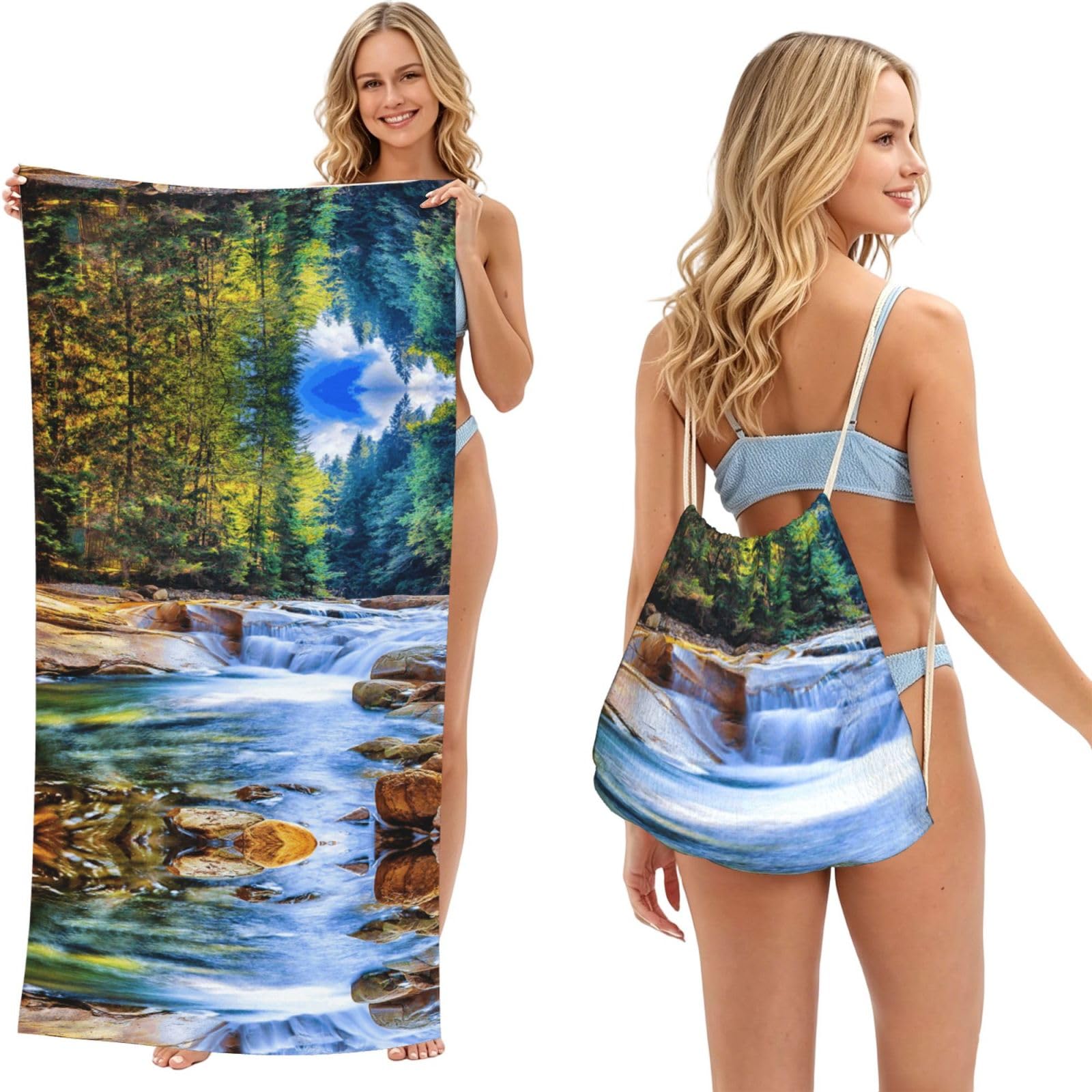 Ezdlowvba Black Mountain And Lake Print Beach Towel Backpack 2 In 1 Summer Large Lightweight Beach Towel - Multifunctional Ship Pattern Towel Bag For Storage,Sport