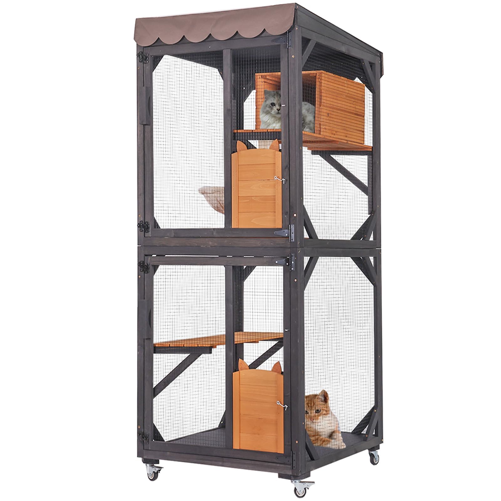 Seiyierr Catio - Jaula para gatos de 168 cm de altura, grande sobre ruedas, techo impermeable, estilo cangrejo y hamaca, jaula para gatos al aire libre, capa de PVC (marrón)