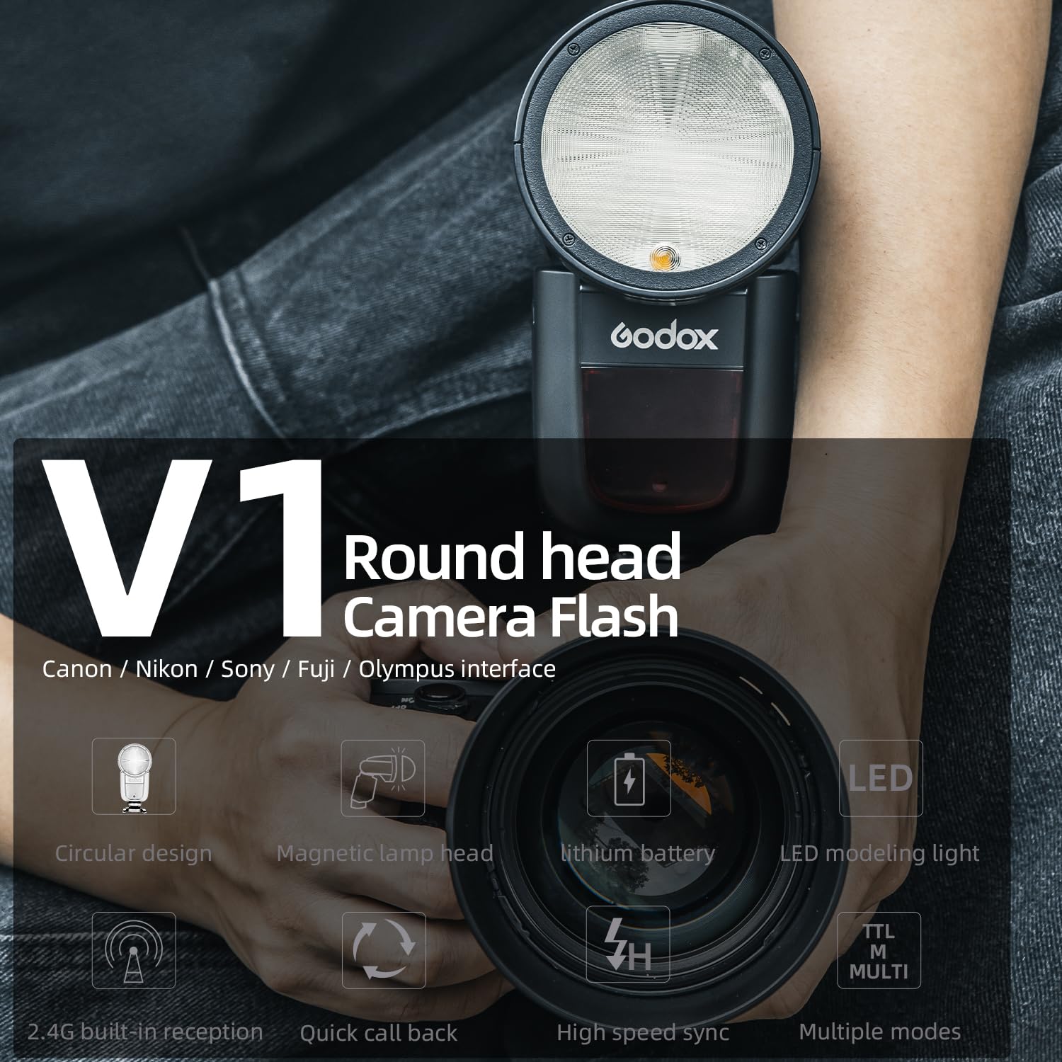 Godox Flash V1-S V1S, 76 W 2,4 G TTL ronde, 1,5 s recyclage, 1/8000 HSS, 480 prises pleine puissance, 3000 mAh batterie lithium interchangeable