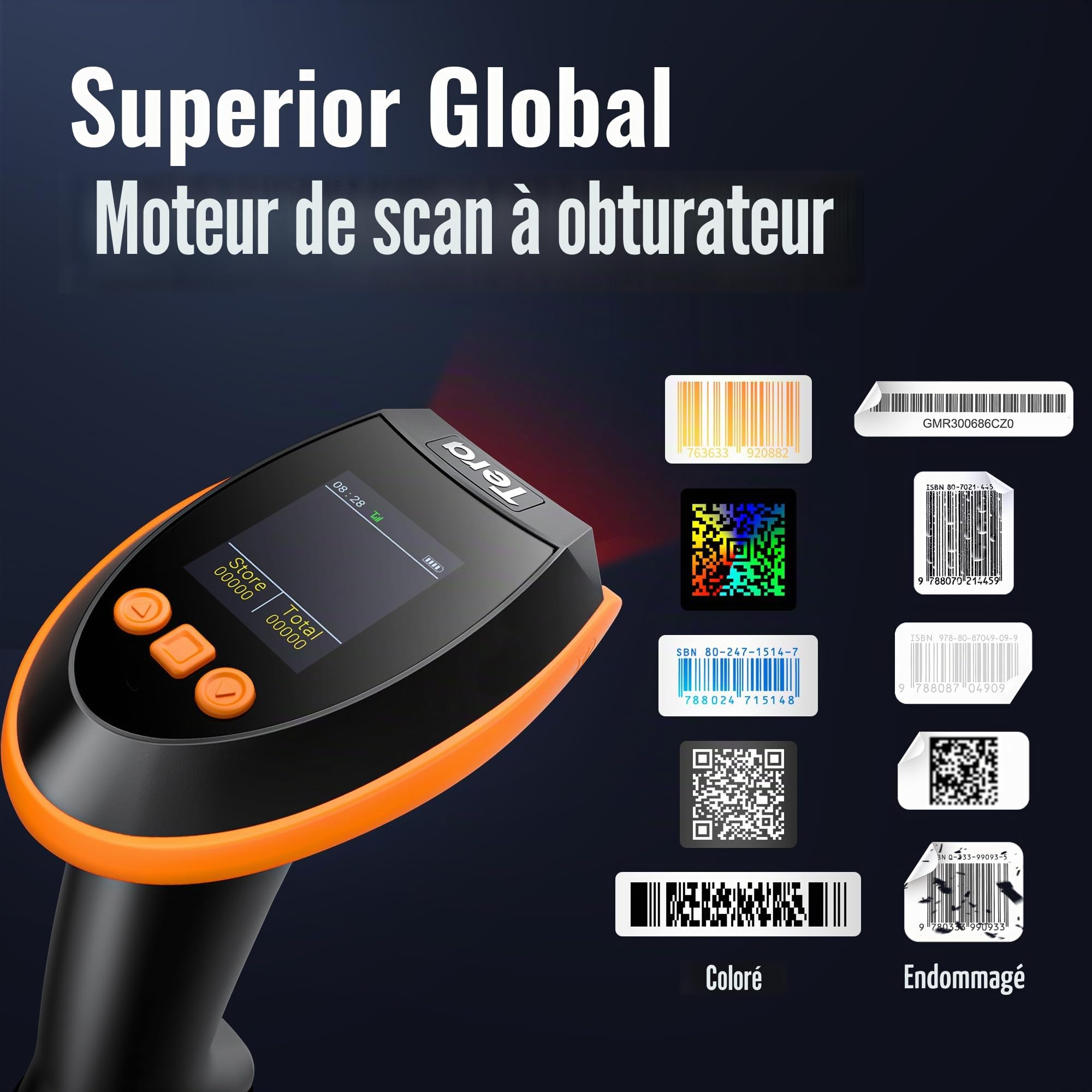 Tera Scanner de codes-barres avec écran de réglage numérique et clavier, version Pro, vitesse de numérisation extra rapide, fonctionne avec Bluetooth 2,4 G sans fil et USB filaire 1D 2D QR lecteur de