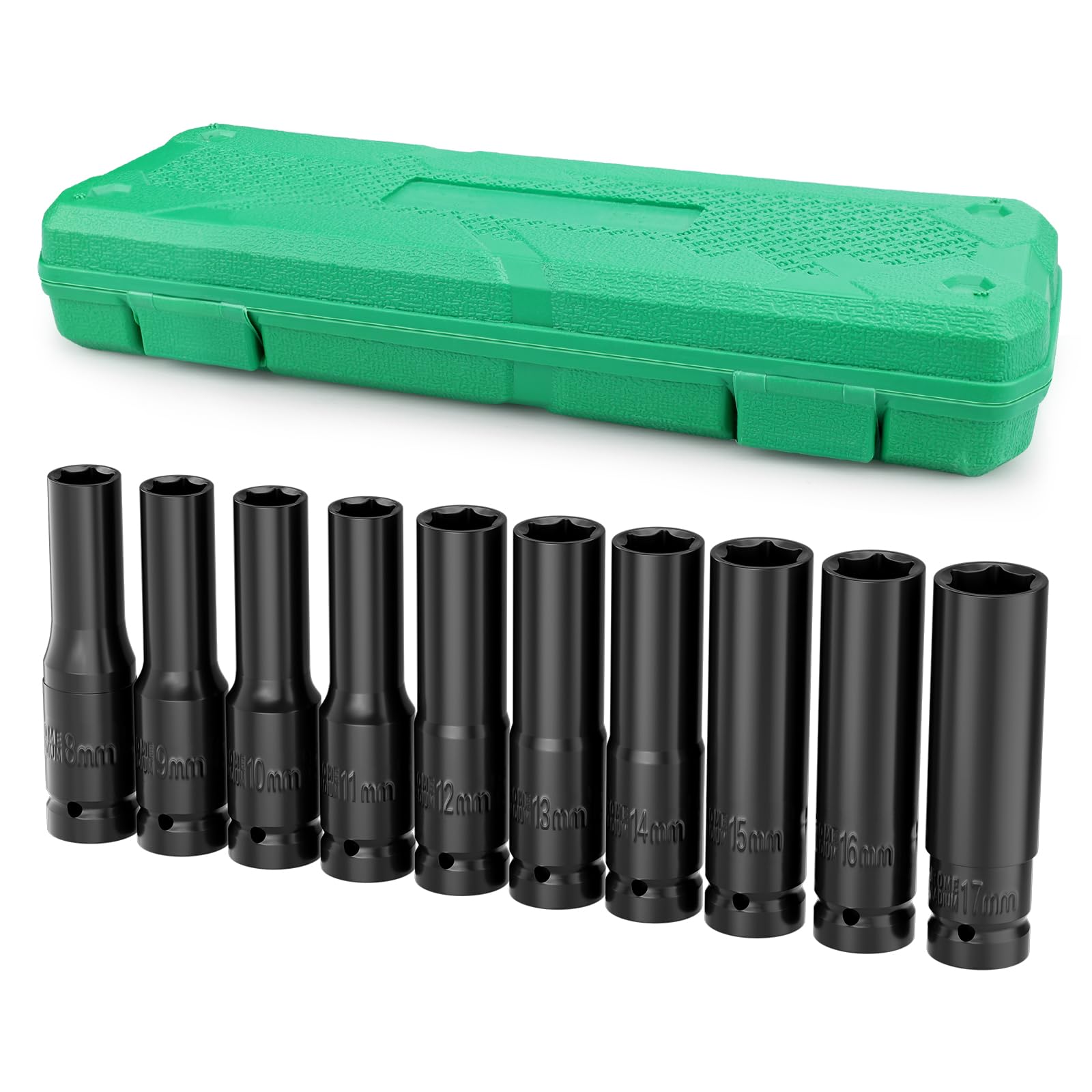 Lytool 10 Pieces 1/2" Drive Deep Impact Socket Set, Metric,Cr-V Steel, 6-Point, 8mm to 17mm, with Storage Cage