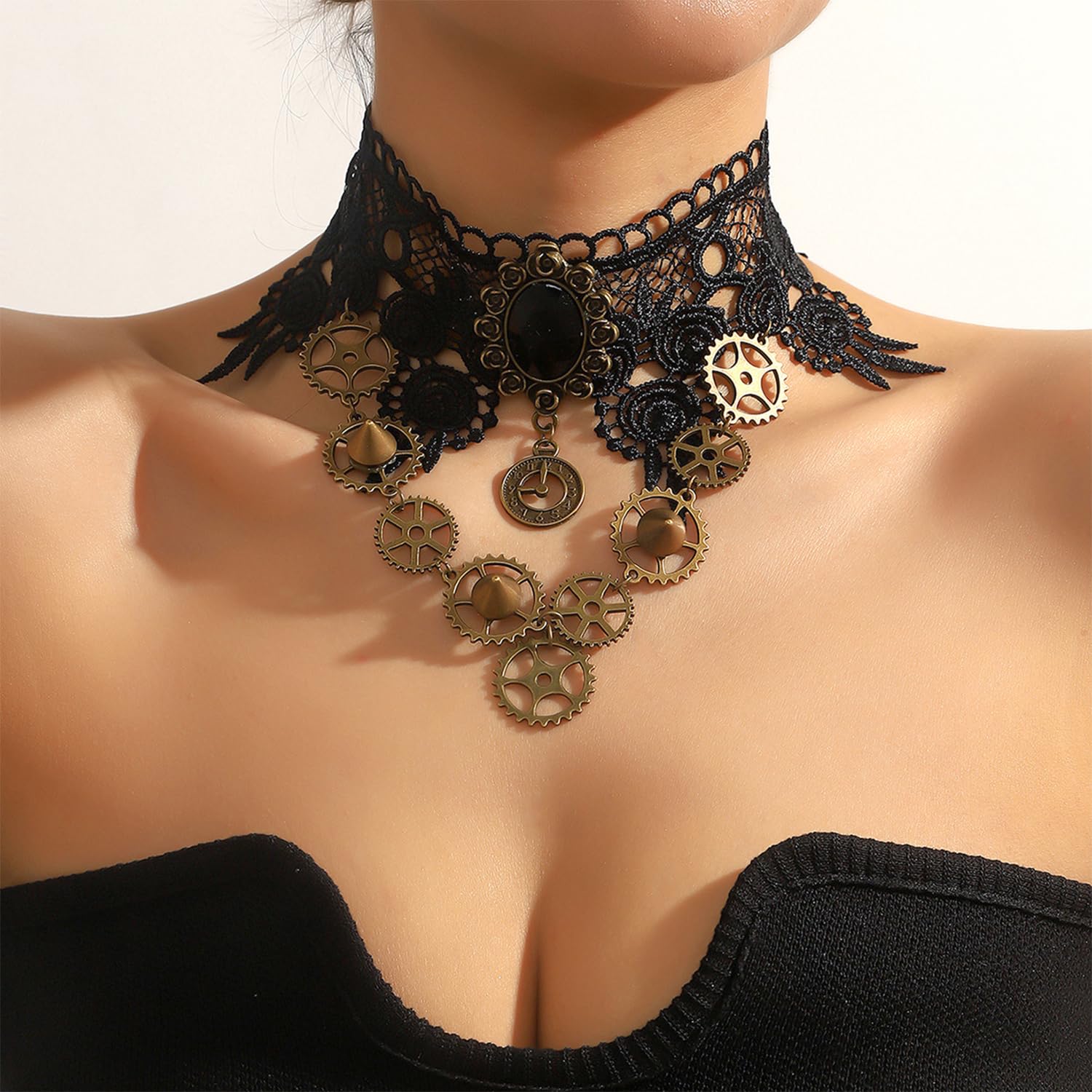 Set D'Accessoires Steampunk Gothique Pour Femme - Collier Choker, Bracelet, Boucles D'Oreilles - Pour Costume Halloween, Carnaval, Cosplay - 6