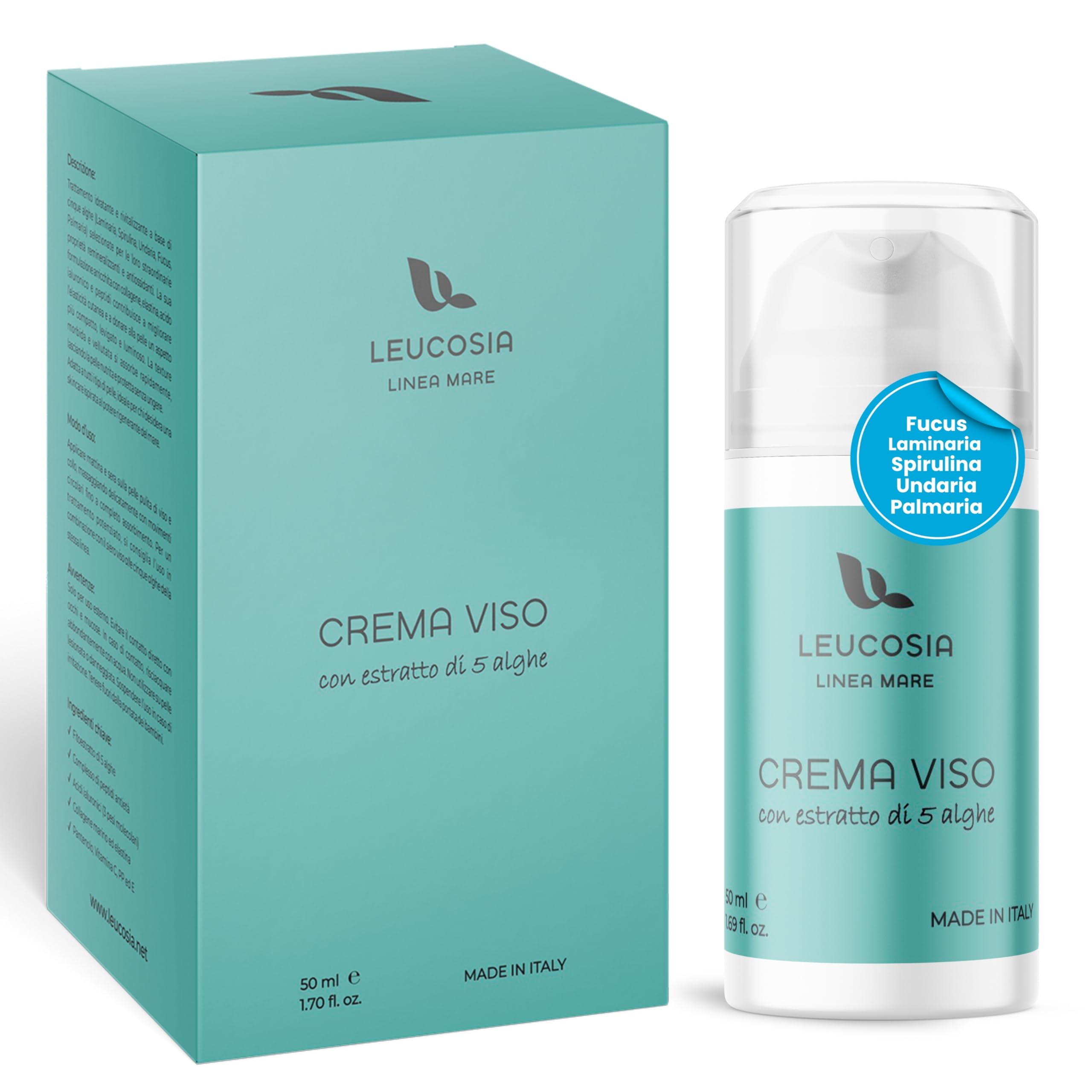 Crema Viso Antirughe 50ml - IL SEGRETO DELLE 5 ALGHE MARINE - Leucosia Crema Idratante Viso con Collagene, Acido Ialuronico, Azione Rimpolpante e Antiossidante, Ispirata alla Skincare Coreana