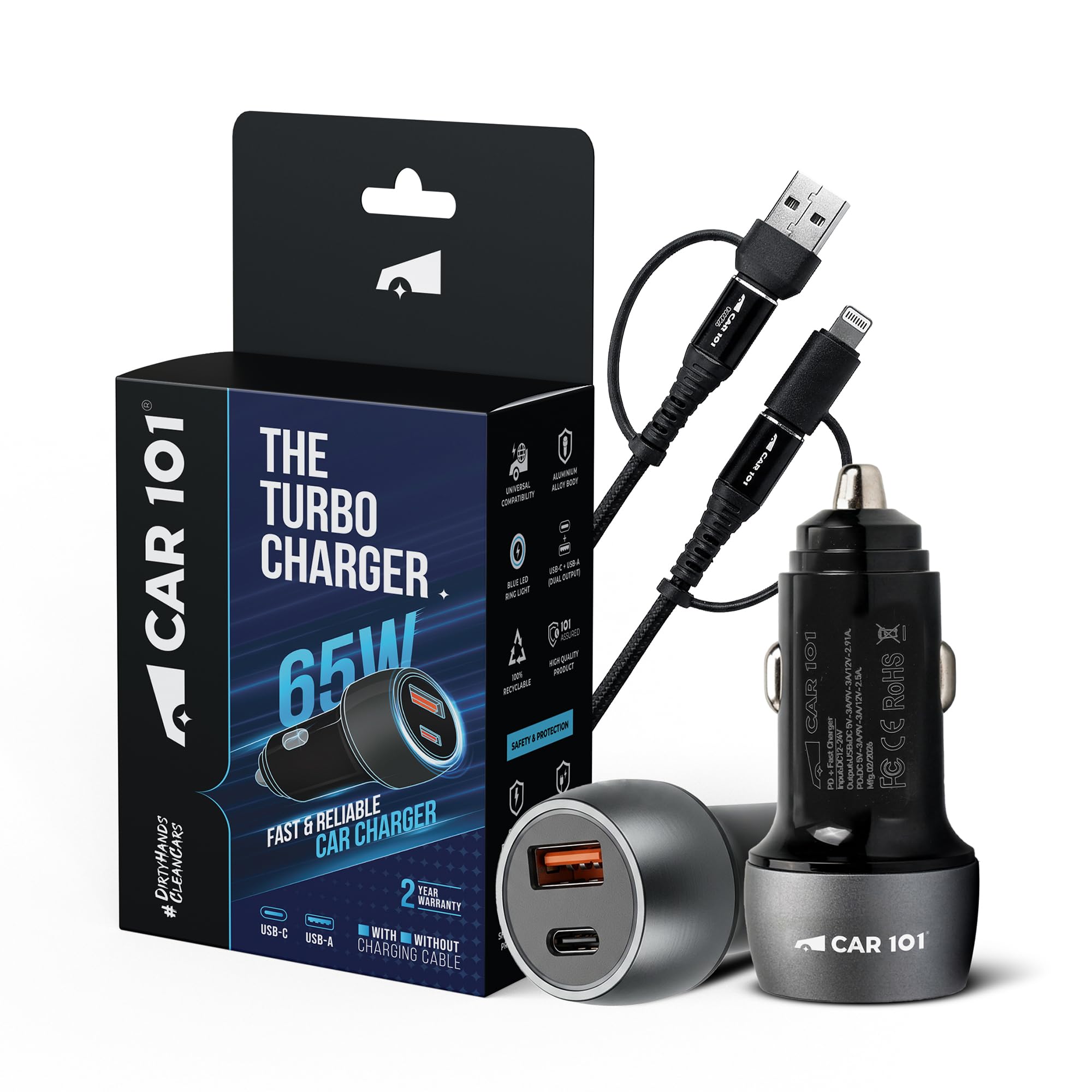 CAR101 65W Turbo Fast Car Charger with 4-in-1 Cable | USB C PD & USB A QC | Dual Port Adapter for Smartphones, Tablets, Laptops | Aluminium Body, LED Light, Smart Protection | 12V-24V-image-7