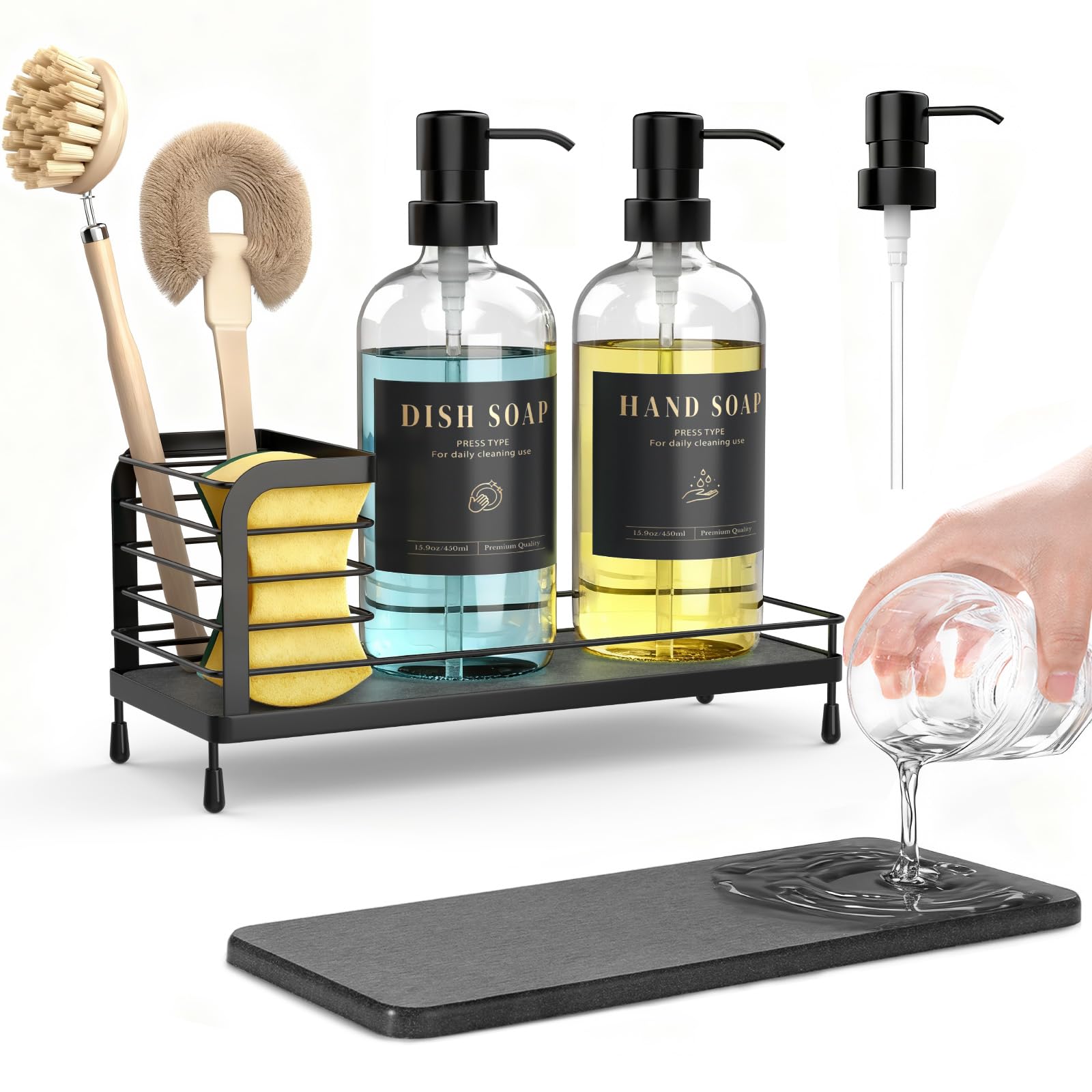 Luxspire Kitchen Soap Dispenser Set - 17oz Hand and Dish Soap Dispenser Set with Fast Drying Tray Glass