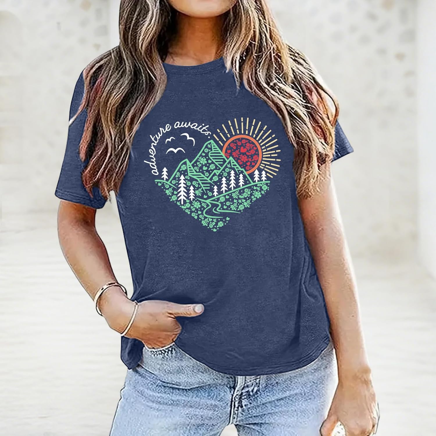 YITAN Women Adventure Heart Tshirt Cute Graphic Tee Tops - Image 2