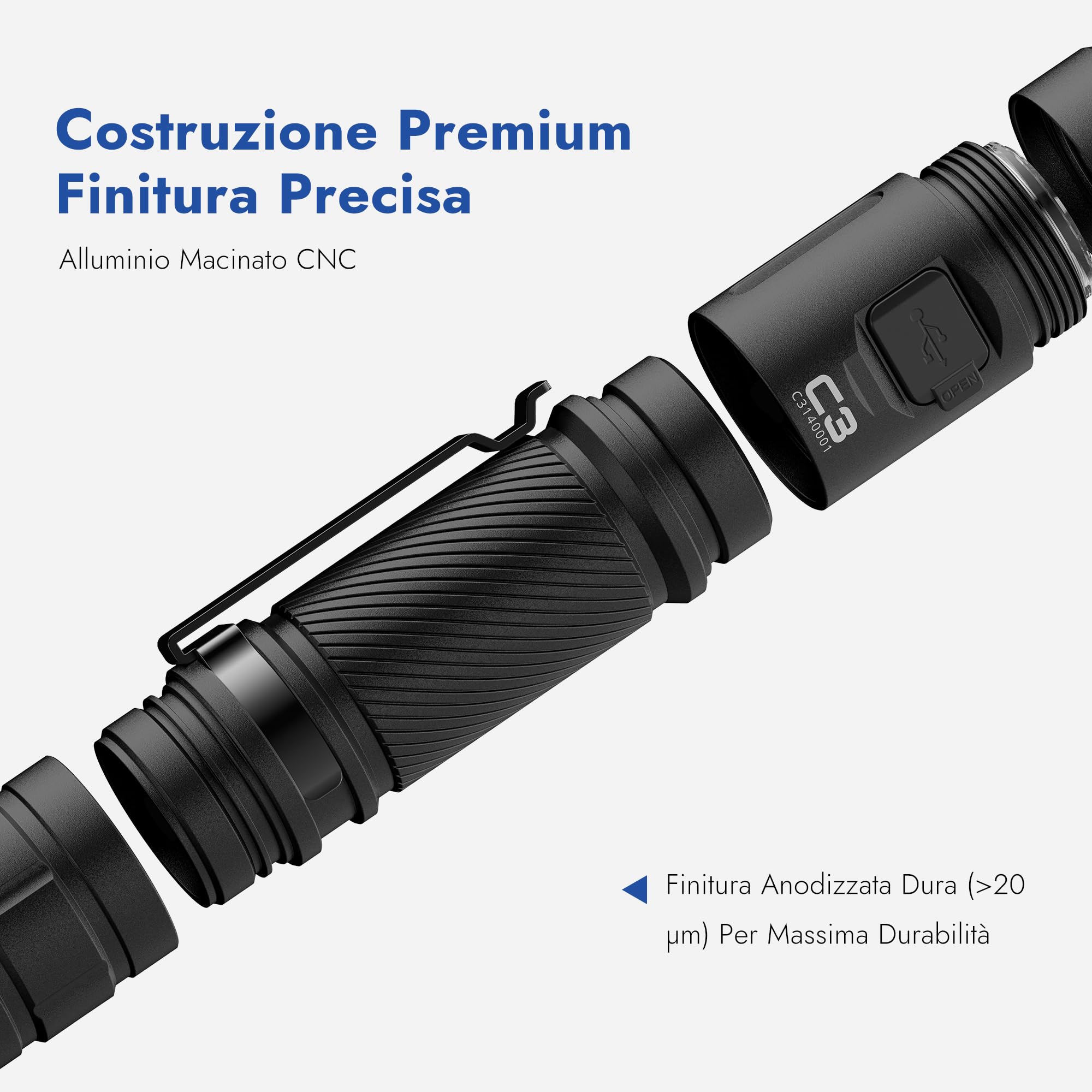 WUBEN C3 Torcia LED Potente Professionale, 1200 Lumens Torcia LED Ricaricabile USB, Mini Torcia Tattica Militare, 6 Modalità IP68 Impermeabile Lampada Portatile Flashlight Per Campeggio Emergenza