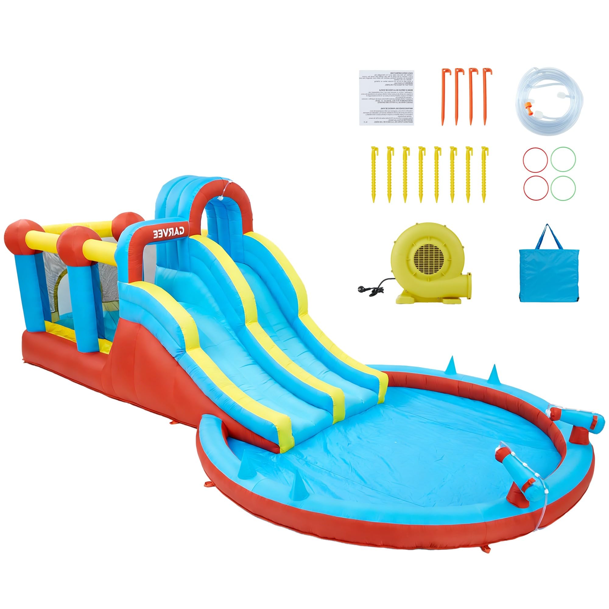 Parc Aquatique Gonflable XXL 8-en-1 Enfants - château + 2 toboggans, Grand Piscine, Mur d’Escalade, Jets d’Eau & Jeu d’Anneaux, souffleur 550 W - 26001 (Norme UE) - Couleur: 26001