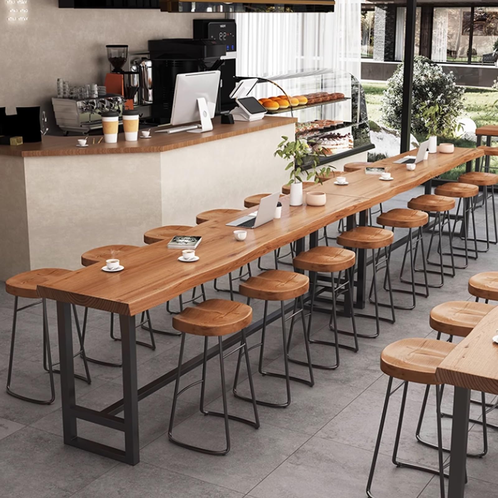 Mesa de comedor industrial de madera maciza Mesa de cocina rectangular bordes irregulares Mesa alta rectangular de madera maciza para bar Mesa alta de mostrador con base de caballete Sin heces(140*35*