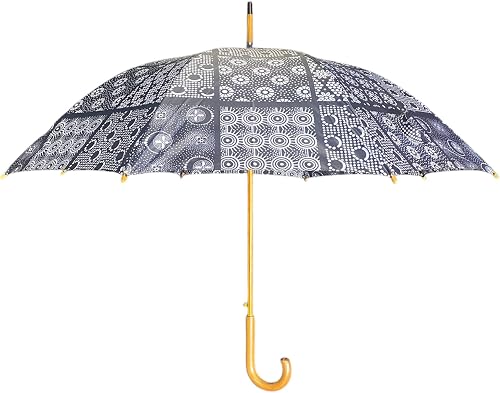 Black and White Floral Piantini Wooden Shaft Umbrella