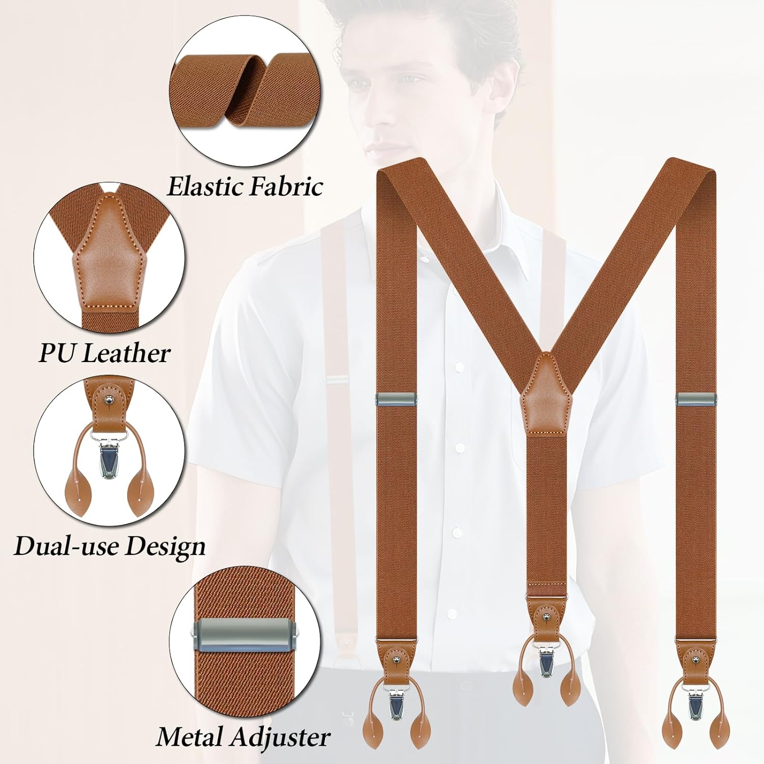 Suspenders for Men Men's Suspenders Leather Button End & Clip 1.4" Wide Adjustable Elastic Y-Back Braces - Image 2