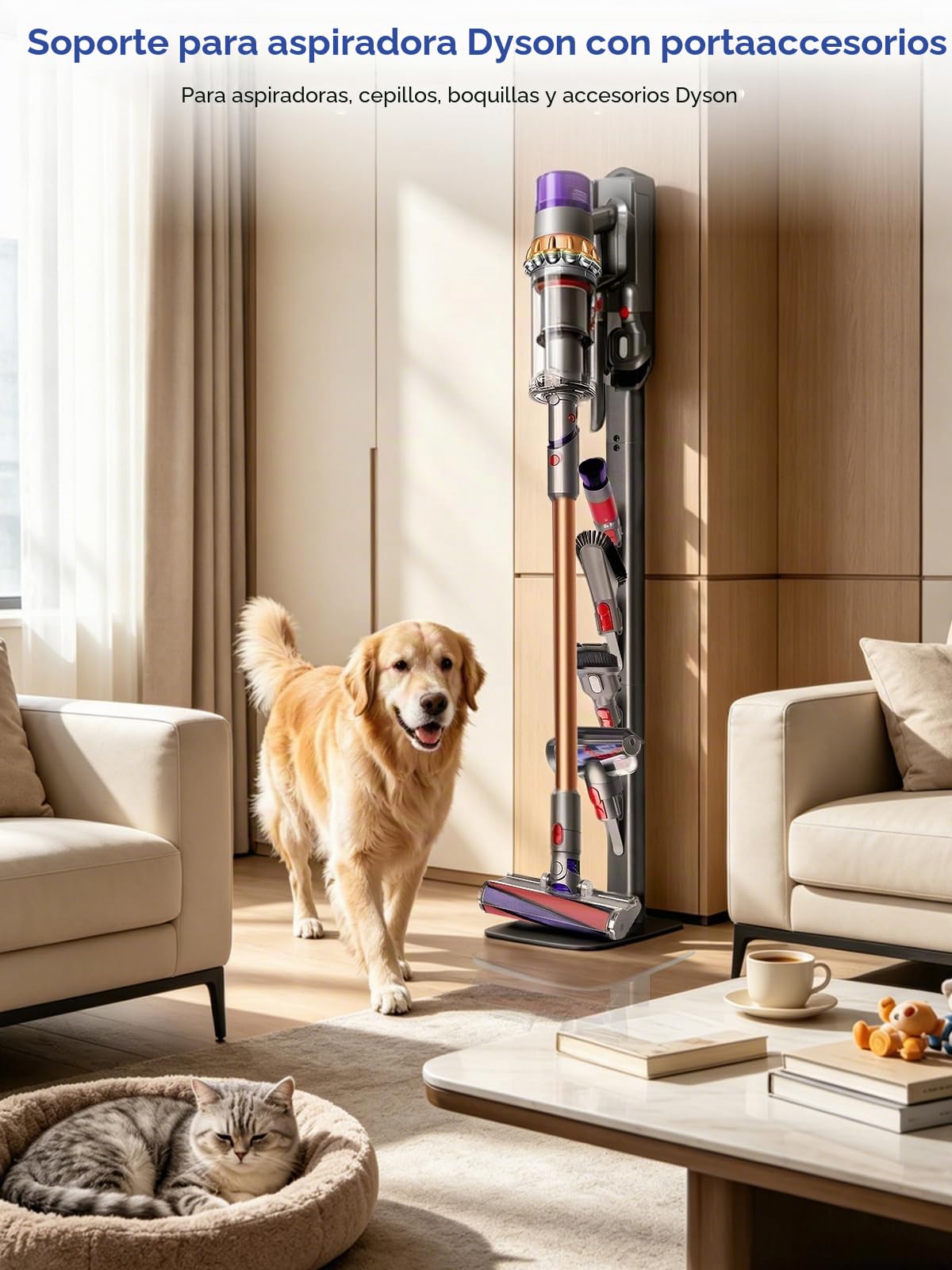 Soporte para aspiradora, compatible con Dyson Gen5, V15, V12, V11, V10, V8, V7, V6, soporte de suelo de metal con 4 ganchos, base estable, soporte sin taladros para almacenamiento de accesorios | Soporte de suelo de metal con 4 ganchos, sin taladrar, tamb